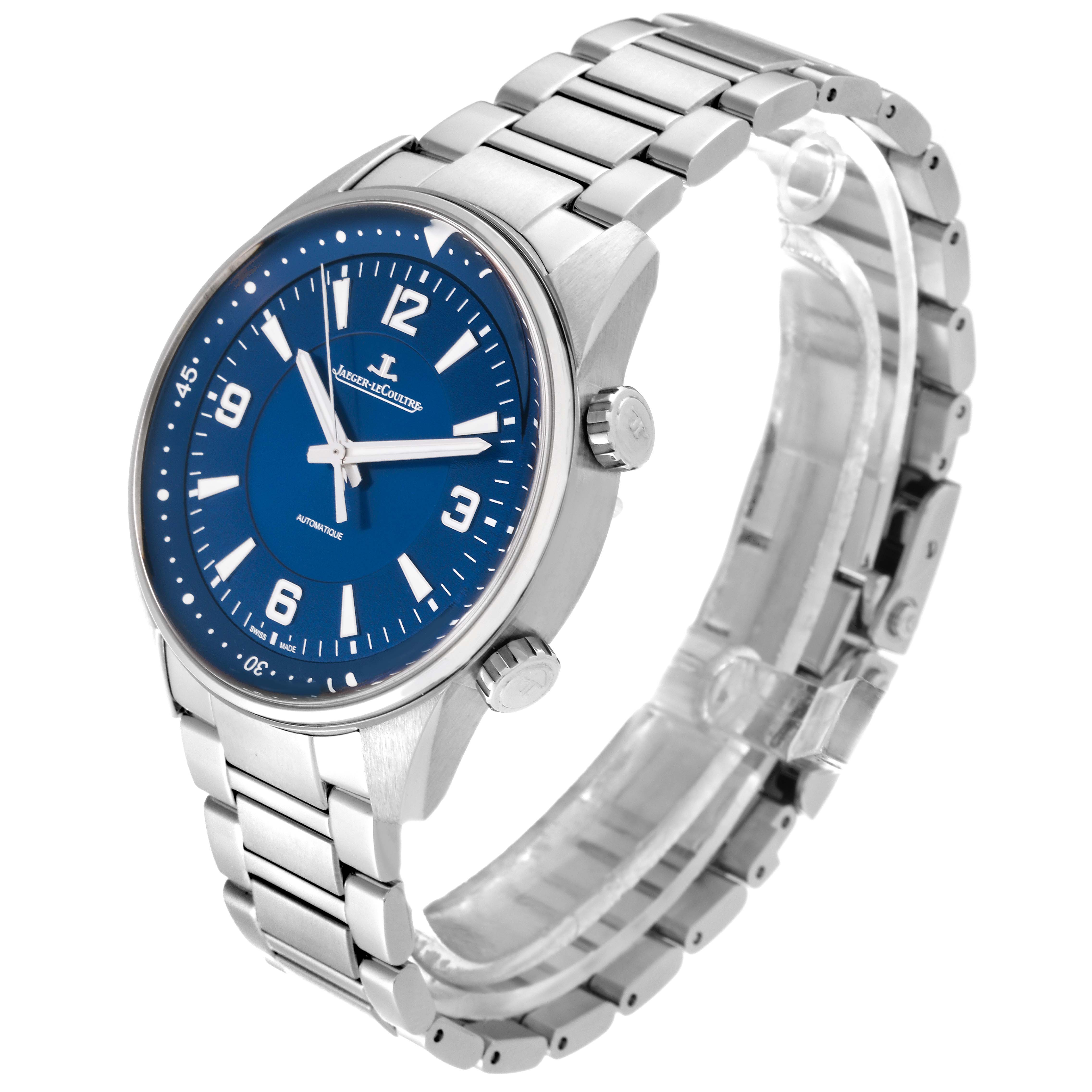 The image shows a side angle of the Jaeger LeCoultre Polaris Q9008180 Men's Stainless Steel Blue Dial Q9008180 Men's Stainless Steel Blue Dial watch, highlighting the dial, crown, and bracelet.