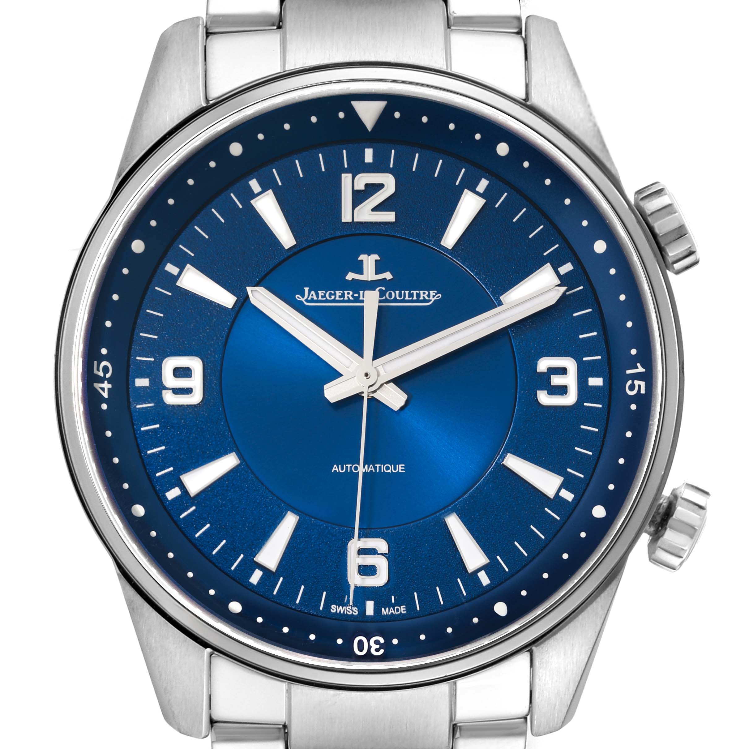 This image shows a front angle of a Jaeger LeCoultre Polaris Q9008180 Men's Stainless Steel Blue Dial Q9008180 Men's Stainless Steel Blue Dial model watch, highlighting the blue dial, hands, and stainless steel case.
