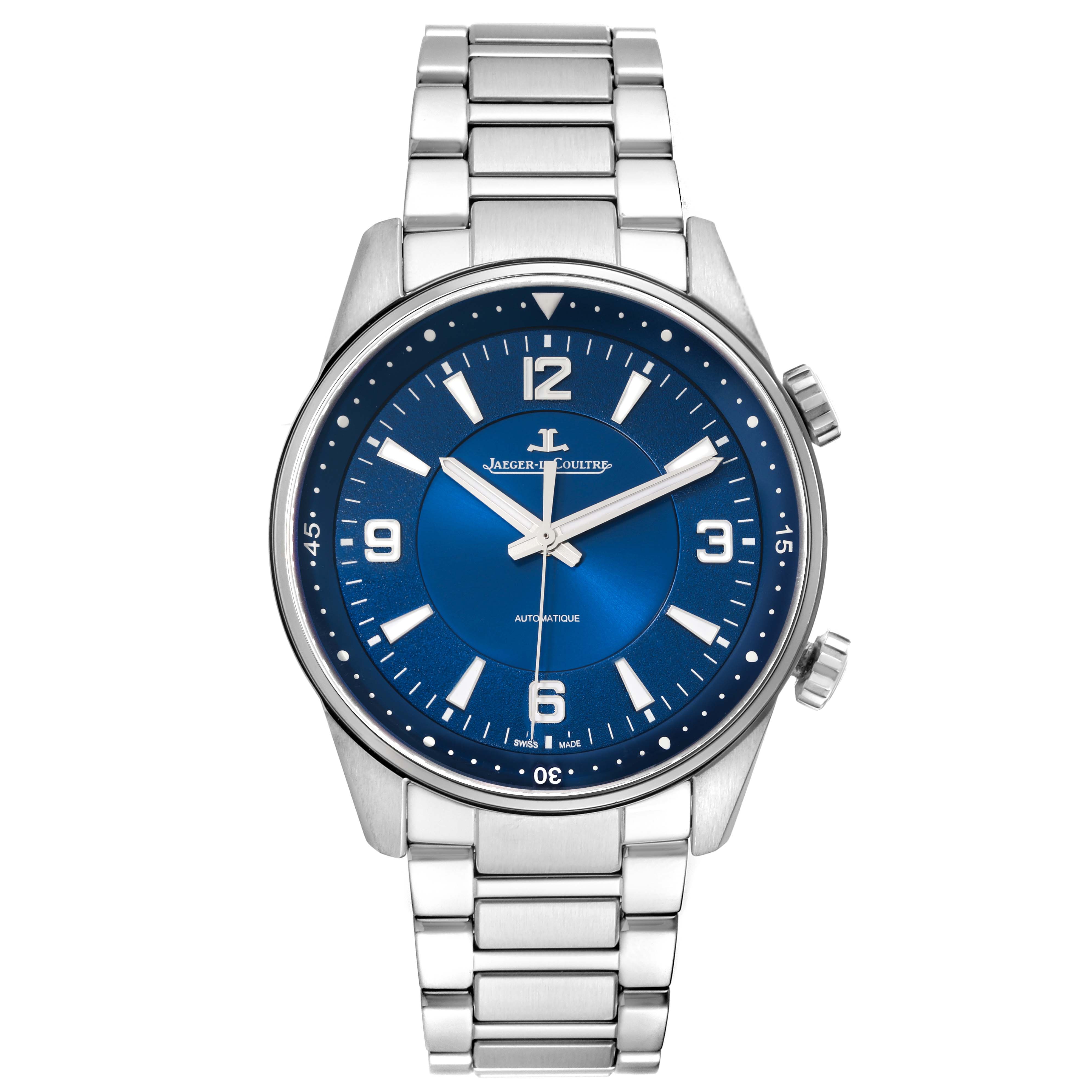 This is a front view of the Jaeger LeCoultre Polaris Q9008180 Men's Stainless Steel Blue Dial Q9008180 Men's Stainless Steel Blue Dial model watch, showcasing its blue dial, stainless steel case, and bracelet.