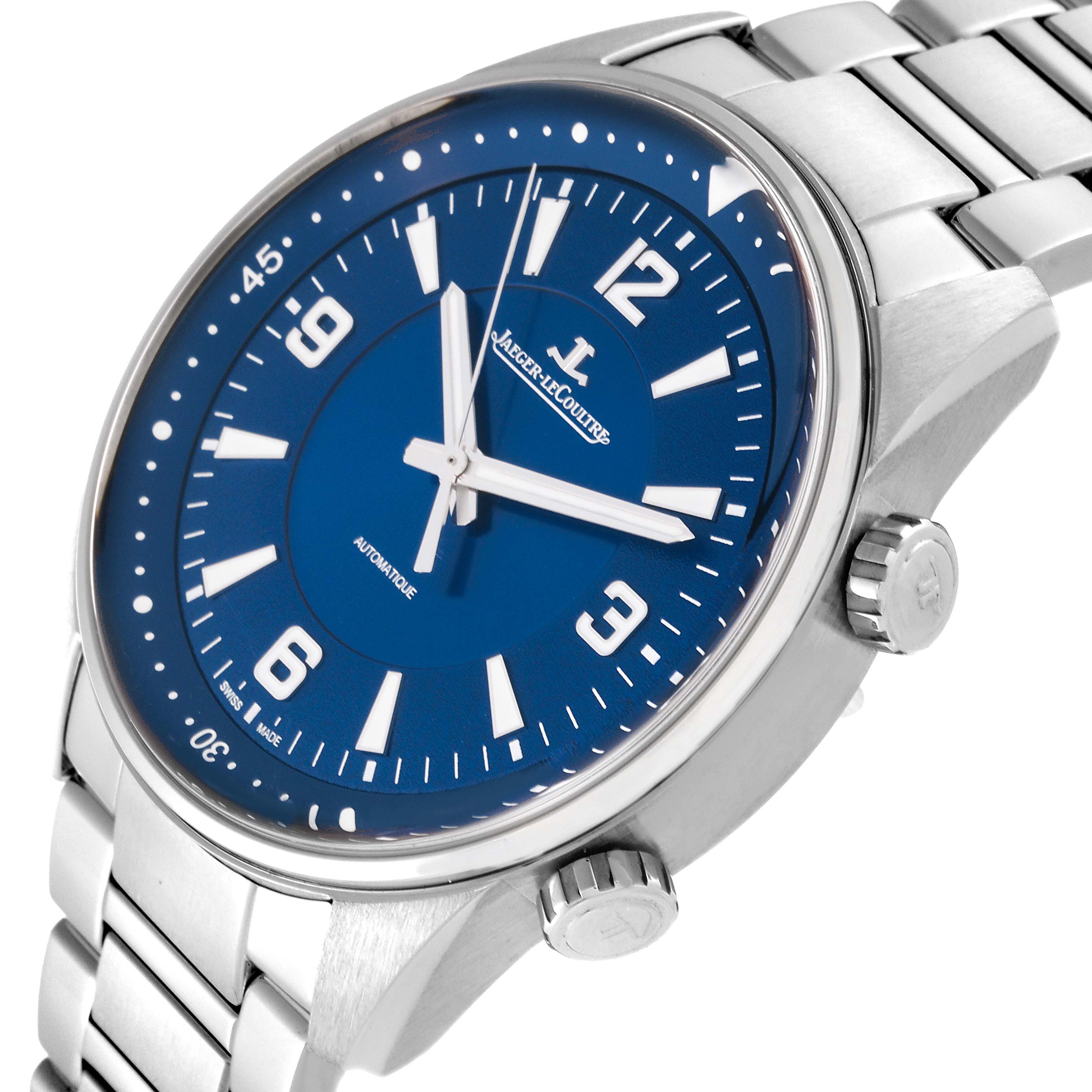The image shows a Jaeger LeCoultre Polaris Q9008180 Men's Stainless Steel Blue Dial Q9008180 Men's Stainless Steel Blue Dial watch at a slight angle, highlighting the face, bezel, and stainless steel bracelet.