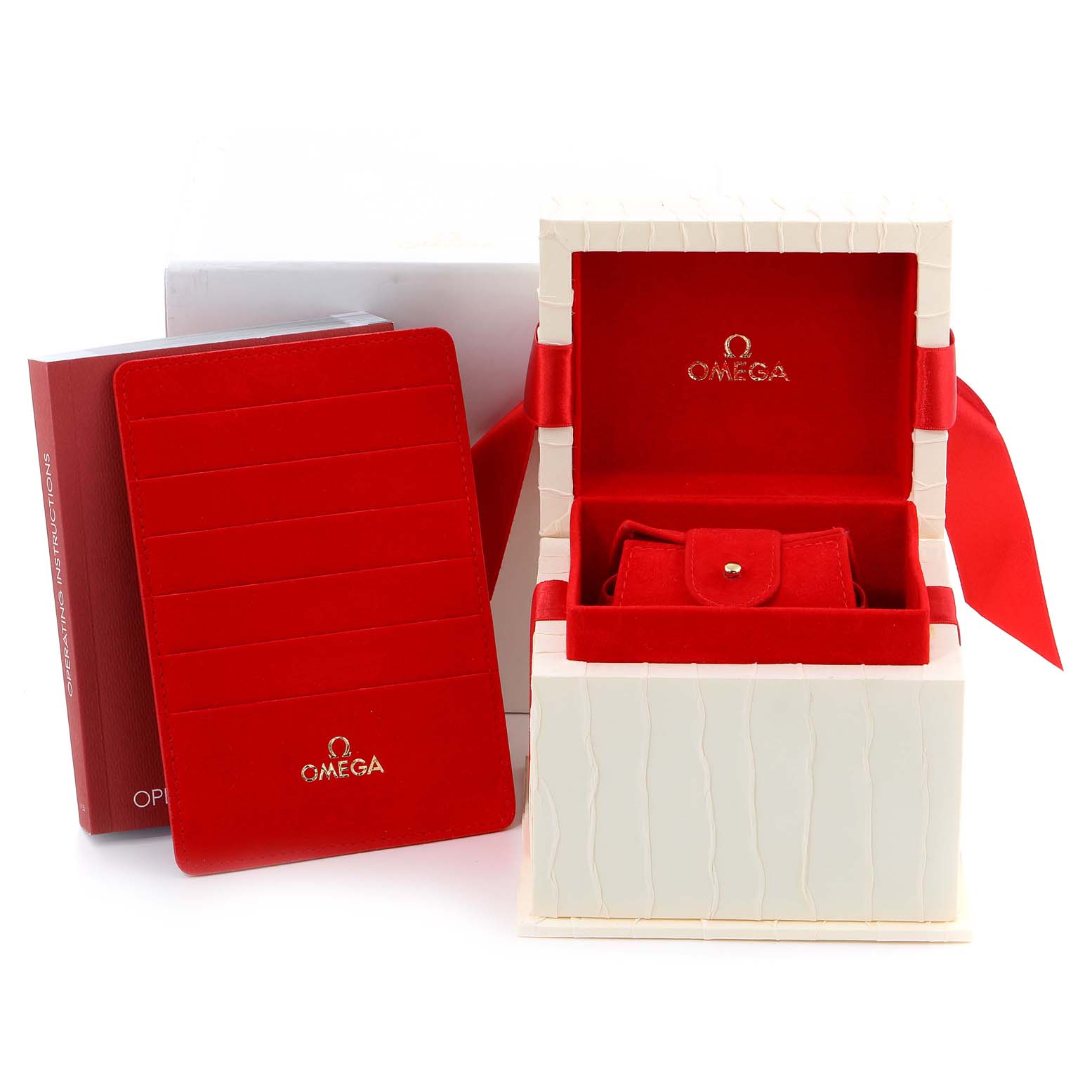 The image shows the packaging and accessories for the Omega 231.20.30.20.55.001 Women's Steel and Gold (two tone) Mother of Pearl Dial 231.20.30.20.55.001 Women's Steel and Gold (two tone) Mother of Pearl Dial Aqua Terra Steel Rose Gold Diamond Watch 231.20.30.20.55.001.