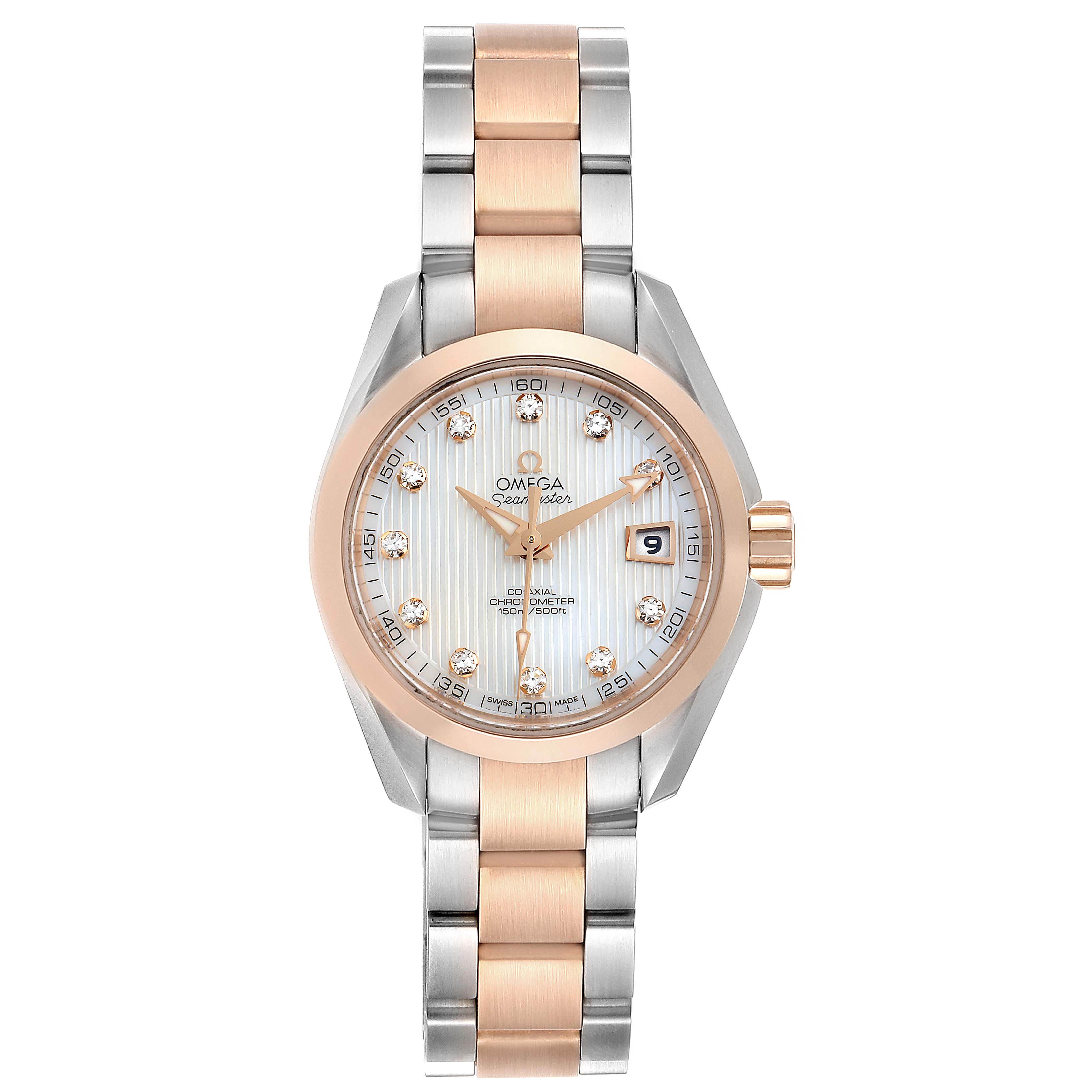 The Omega 231.20.30.20.55.001 Women's Steel and Gold (two tone) Mother of Pearl Dial 231.20.30.20.55.001 Women's Steel and Gold (two tone) Mother of Pearl Dial Aqua Terra Steel Rose Gold Diamond Watch 231.20.30.20.55.001 is shown from a front angle highlighting the face and bracelet.