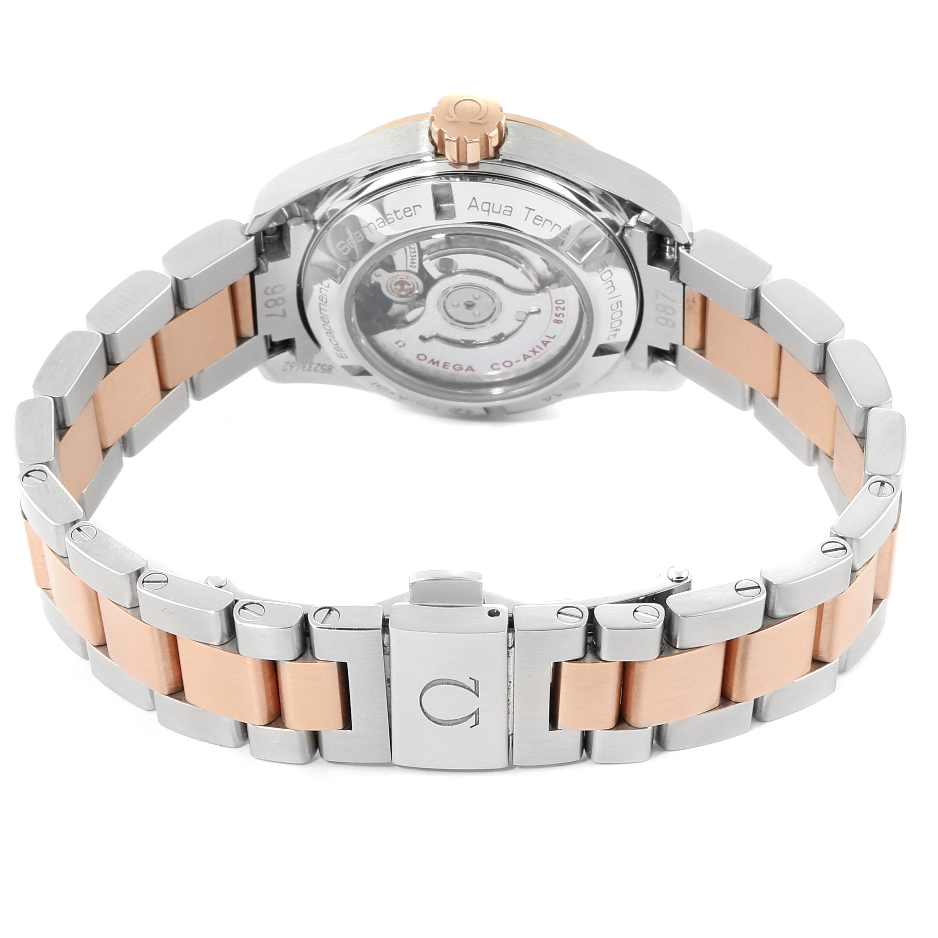 The image shows the back and bracelet of the Omega 231.20.30.20.55.001 Women's Steel and Gold (two tone) Mother of Pearl Dial 231.20.30.20.55.001 Women's Steel and Gold (two tone) Mother of Pearl Dial Aqua Terra Steel Rose Gold Diamond Watch model 231.20.30.20.55.001.