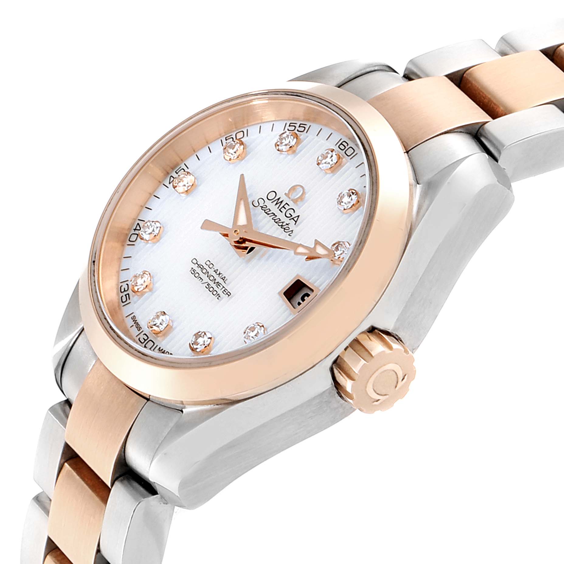 This image shows an angled view of the Omega 231.20.30.20.55.001 Women's Steel and Gold (two tone) Mother of Pearl Dial 231.20.30.20.55.001 Women's Steel and Gold (two tone) Mother of Pearl Dial Aqua Terra Steel Rose Gold Diamond Watch 231.20.30.20.55.001, highlighting the face, crown, and part of the band.