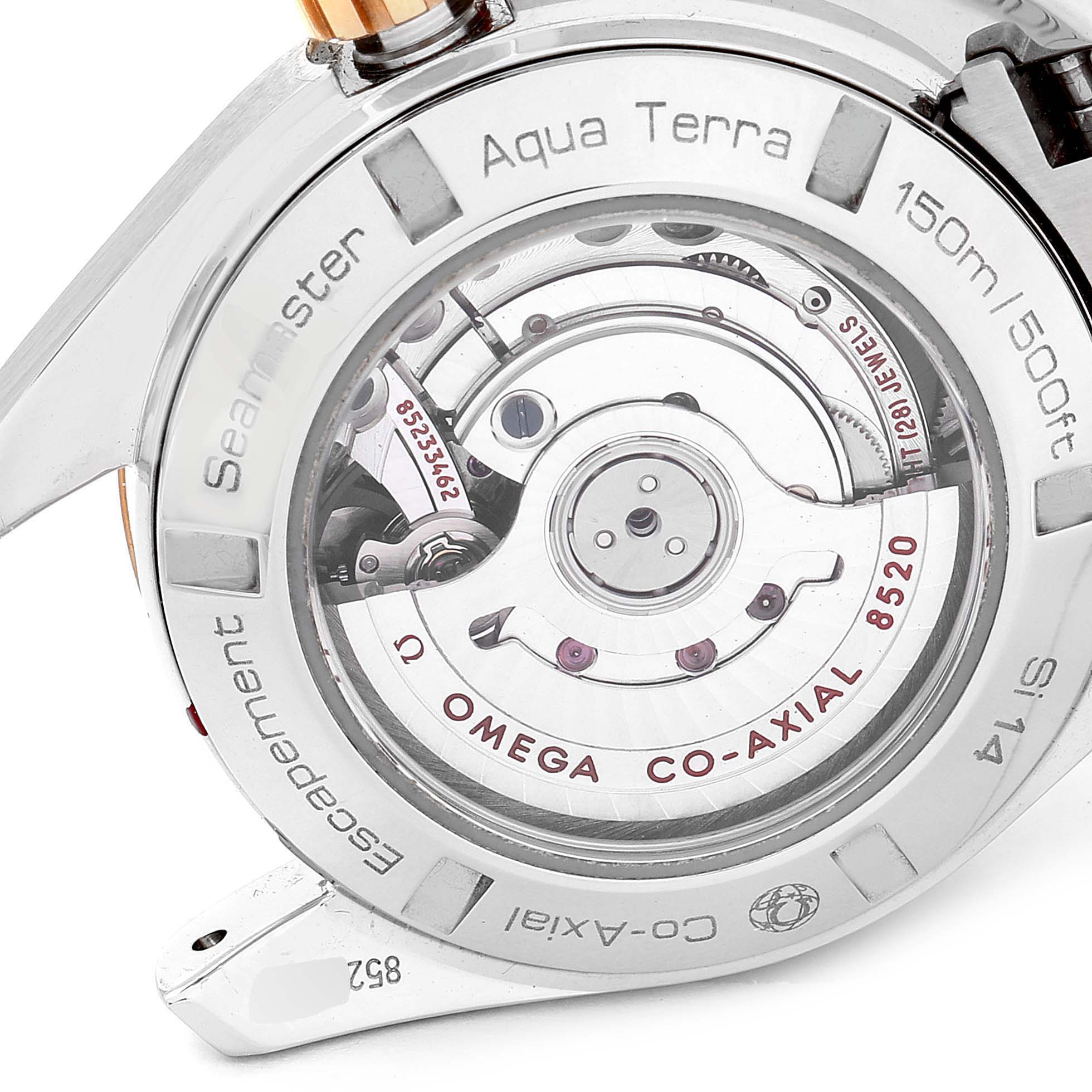 The image shows the back view of the Omega 231.20.30.20.55.001 Women's Steel and Gold (two tone) Mother of Pearl Dial 231.20.30.20.55.001 Women's Steel and Gold (two tone) Mother of Pearl Dial Aqua Terra Steel Rose Gold Diamond Watch 231.20.30.20.55.001, highlighting its mechanism.