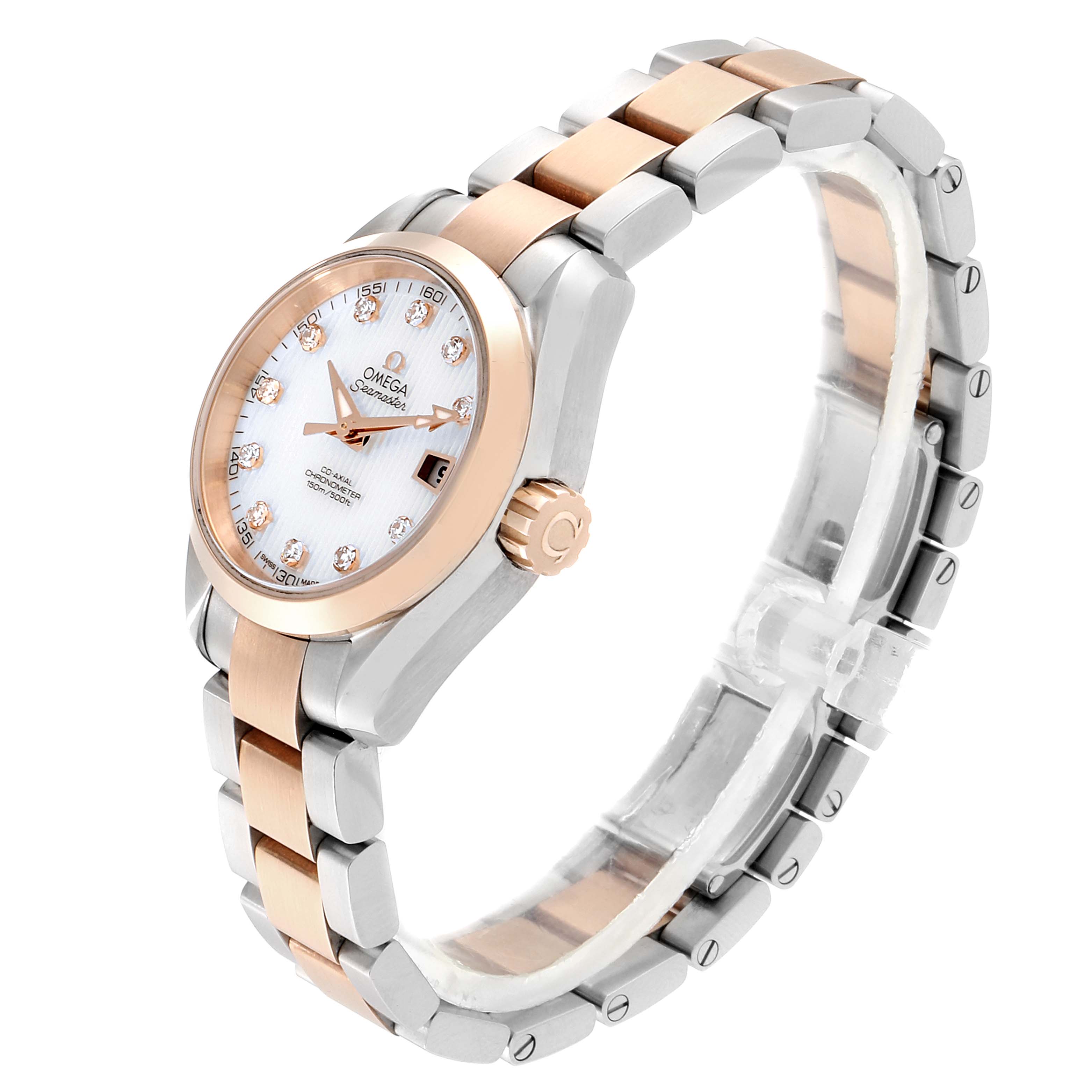 This image displays the Omega 231.20.30.20.55.001 Women's Steel and Gold (two tone) Mother of Pearl Dial 231.20.30.20.55.001 Women's Steel and Gold (two tone) Mother of Pearl Dial Aqua Terra Steel Rose Gold Diamond Watch 231.20.30.20.55.001 from an angled side view, showing the face, bezel, and bracelet.
