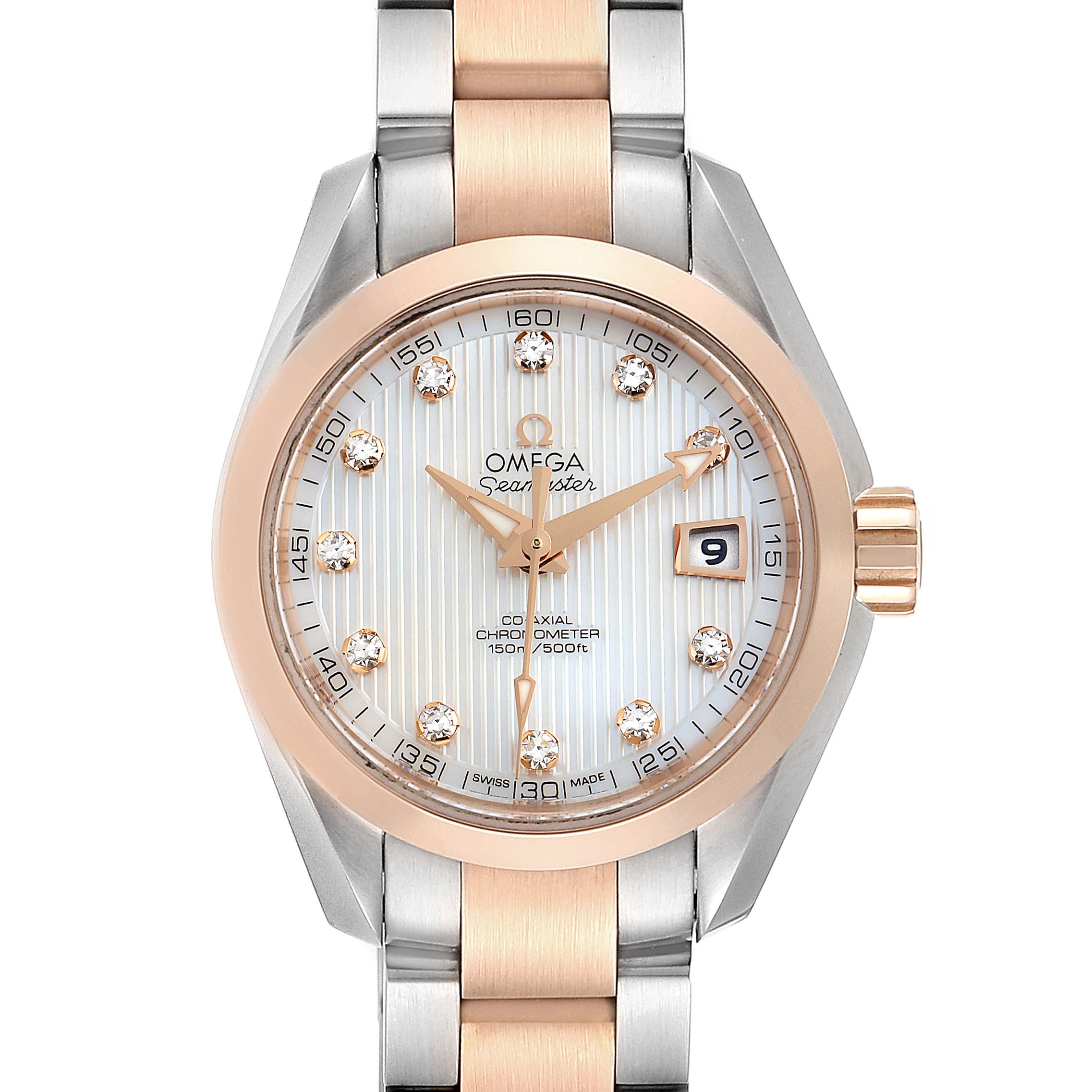 The image shows the front view of the Omega 231.20.30.20.55.001 Women's Steel and Gold (two tone) Mother of Pearl Dial 231.20.30.20.55.001 Women's Steel and Gold (two tone) Mother of Pearl Dial Aqua Terra Steel Rose Gold Diamond Watch, model 231.20.30.20.55.001.