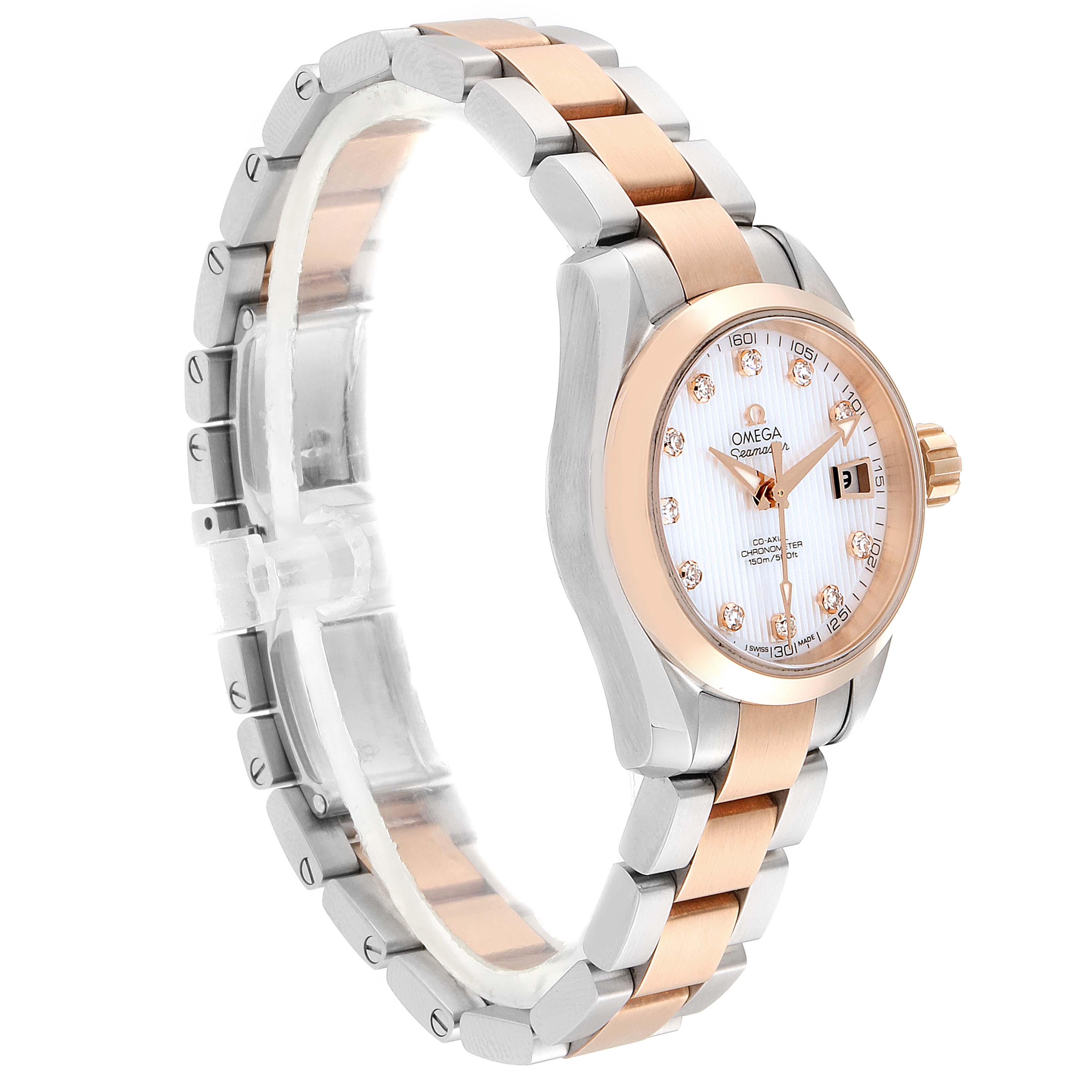 The image shows an Omega 231.20.30.20.55.001 Women's Steel and Gold (two tone) Mother of Pearl Dial 231.20.30.20.55.001 Women's Steel and Gold (two tone) Mother of Pearl Dial Aqua Terra Steel Rose Gold Diamond Watch 231.20.30.20.55.001 at a slight side angle, highlighting its bracelet and face.