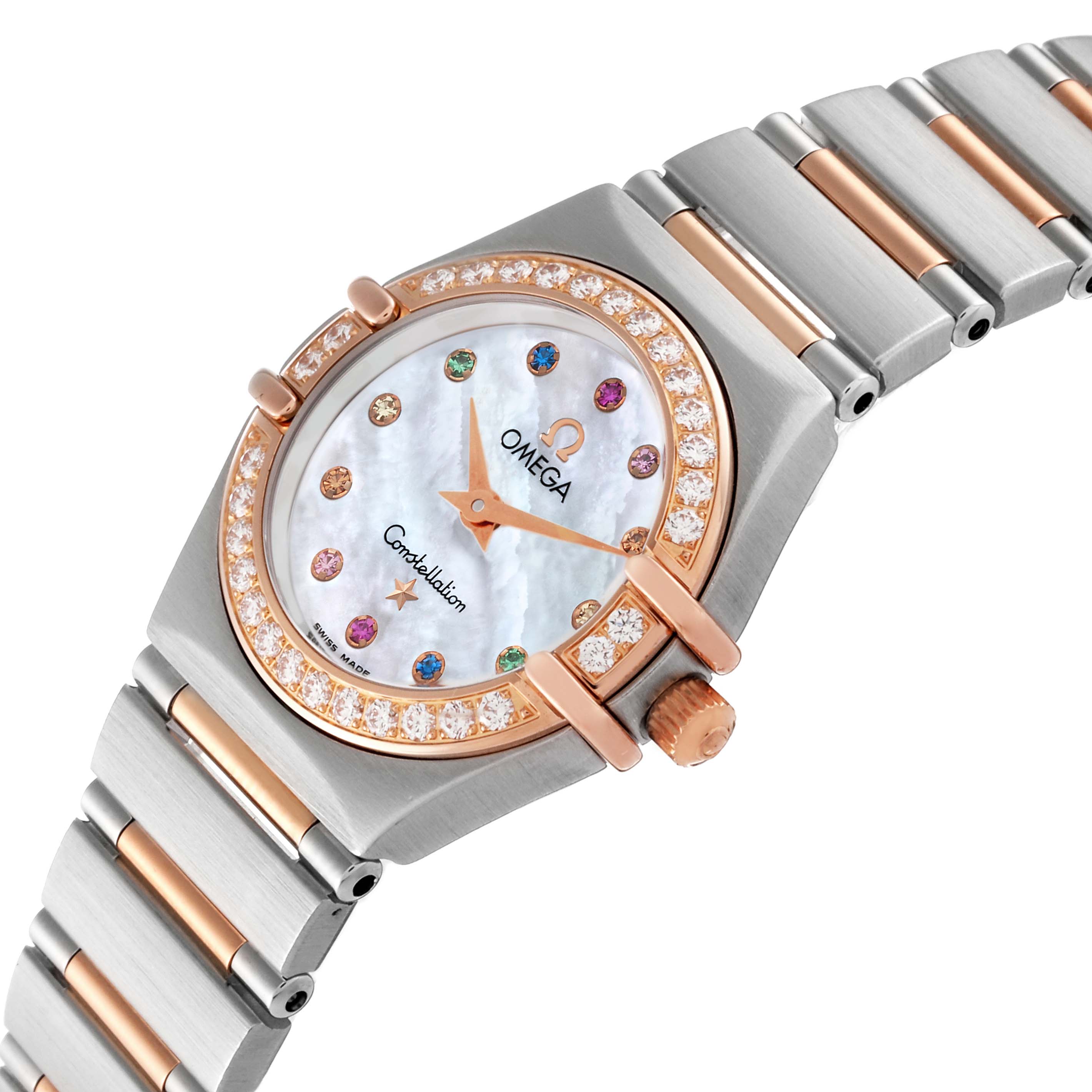 The Omega 1360.79.00 Women's Steel and Gold (two tone) Mother of Pearl Dial 1360.79.00 Women's Steel and Gold (two tone) Mother of Pearl Dial Constellation Steel Rose Gold MOP Diamond Ladies Watch 1360.79.00 is shown from an angled view, displaying the dial, bezel, case, and part of the bracelet.