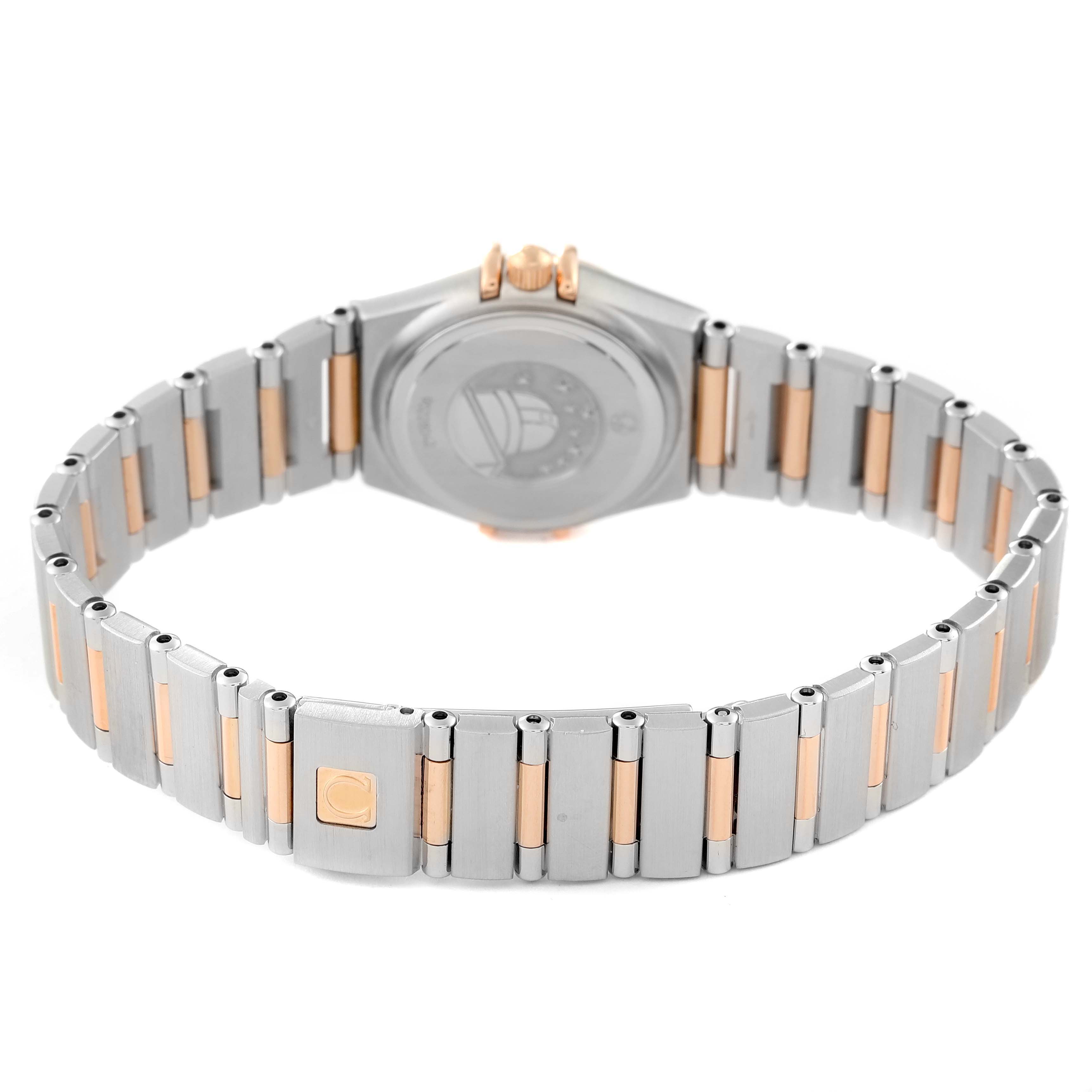 The image shows the back view of the Omega 1360.79.00 Women's Steel and Gold (two tone) Mother of Pearl Dial 1360.79.00 Women's Steel and Gold (two tone) Mother of Pearl Dial Constellation Steel Rose Gold MOP Diamond Ladies Watch 1360.79.00, highlighting the bracelet and case back.