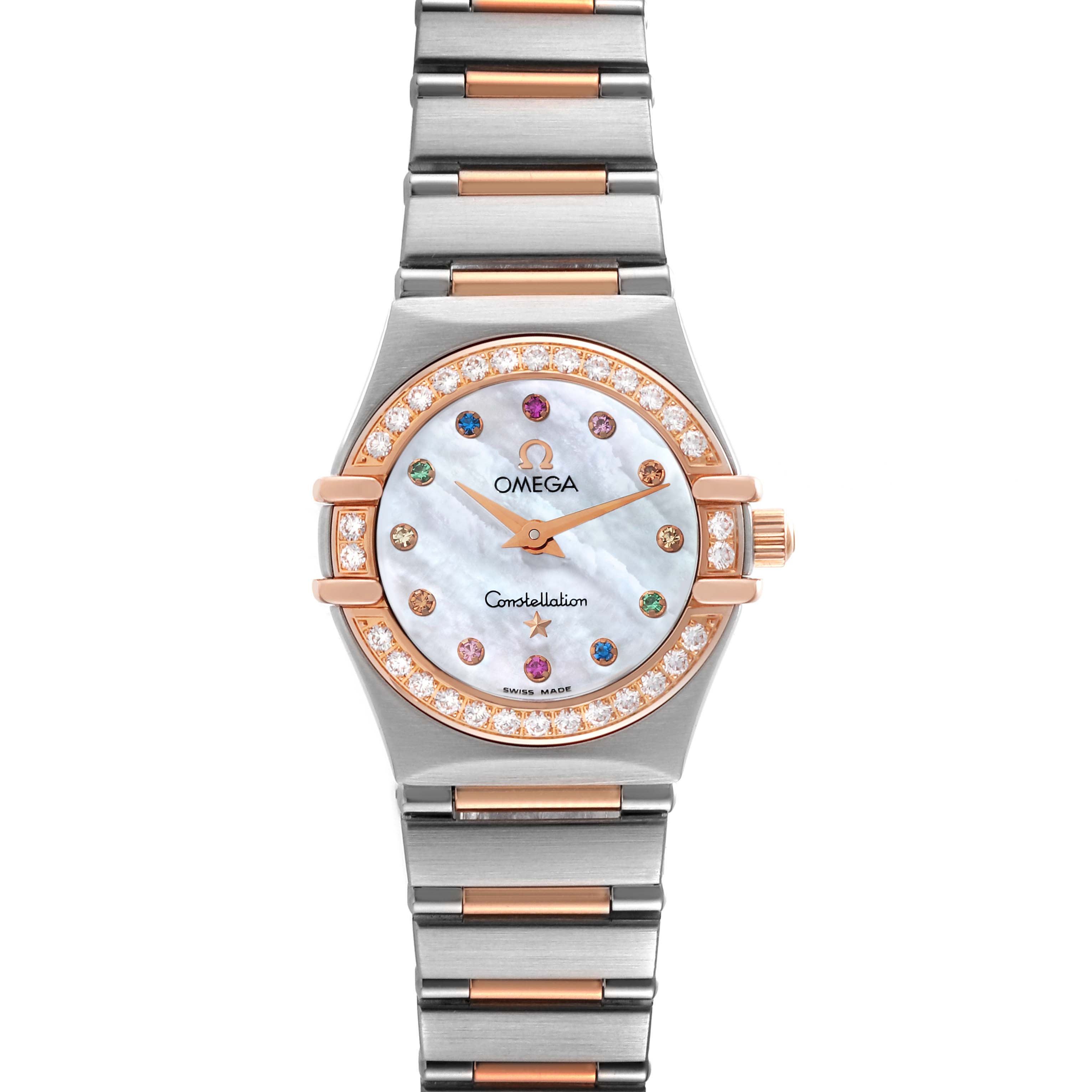 The Omega 1360.79.00 Women's Steel and Gold (two tone) Mother of Pearl Dial 1360.79.00 Women's Steel and Gold (two tone) Mother of Pearl Dial Constellation Steel Rose Gold MOP Diamond Ladies Watch 1360.79.00 is shown from a top-down angle, displaying its face, bezel, and bracelet.