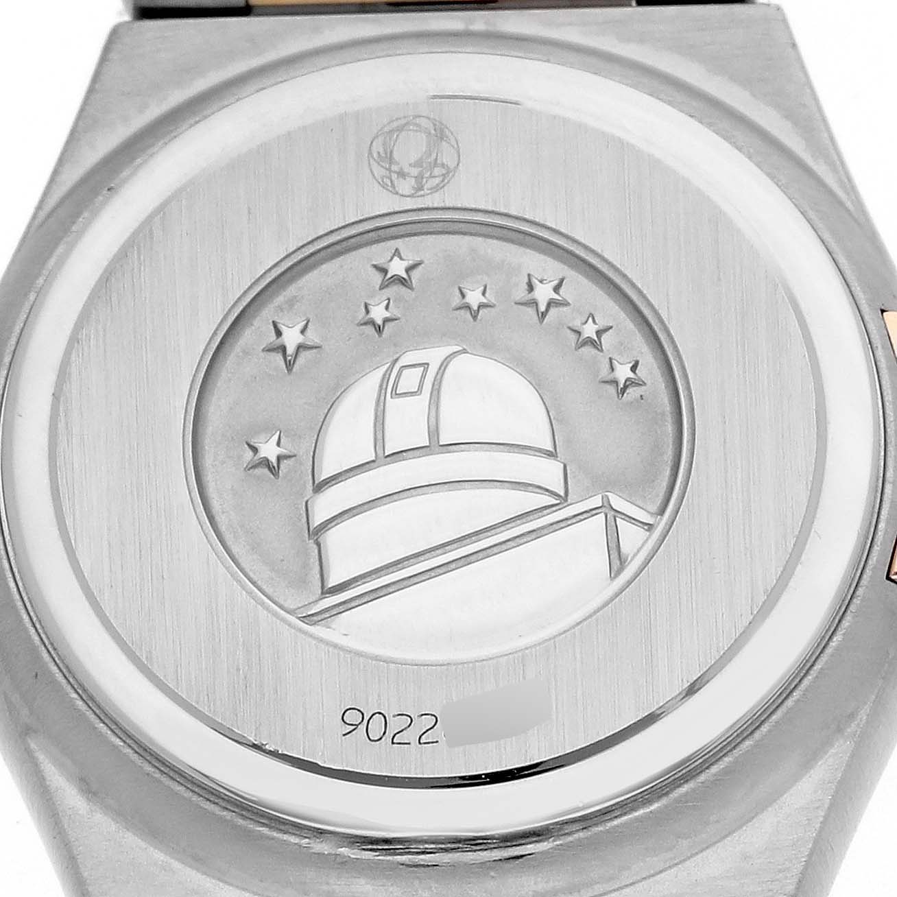 The image shows the back case of the Omega 1360.79.00 Women's Steel and Gold (two tone) Mother of Pearl Dial 1360.79.00 Women's Steel and Gold (two tone) Mother of Pearl Dial Constellation Steel Rose Gold MOP Diamond Ladies Watch 1360.79.00, featuring an observatory engraving.