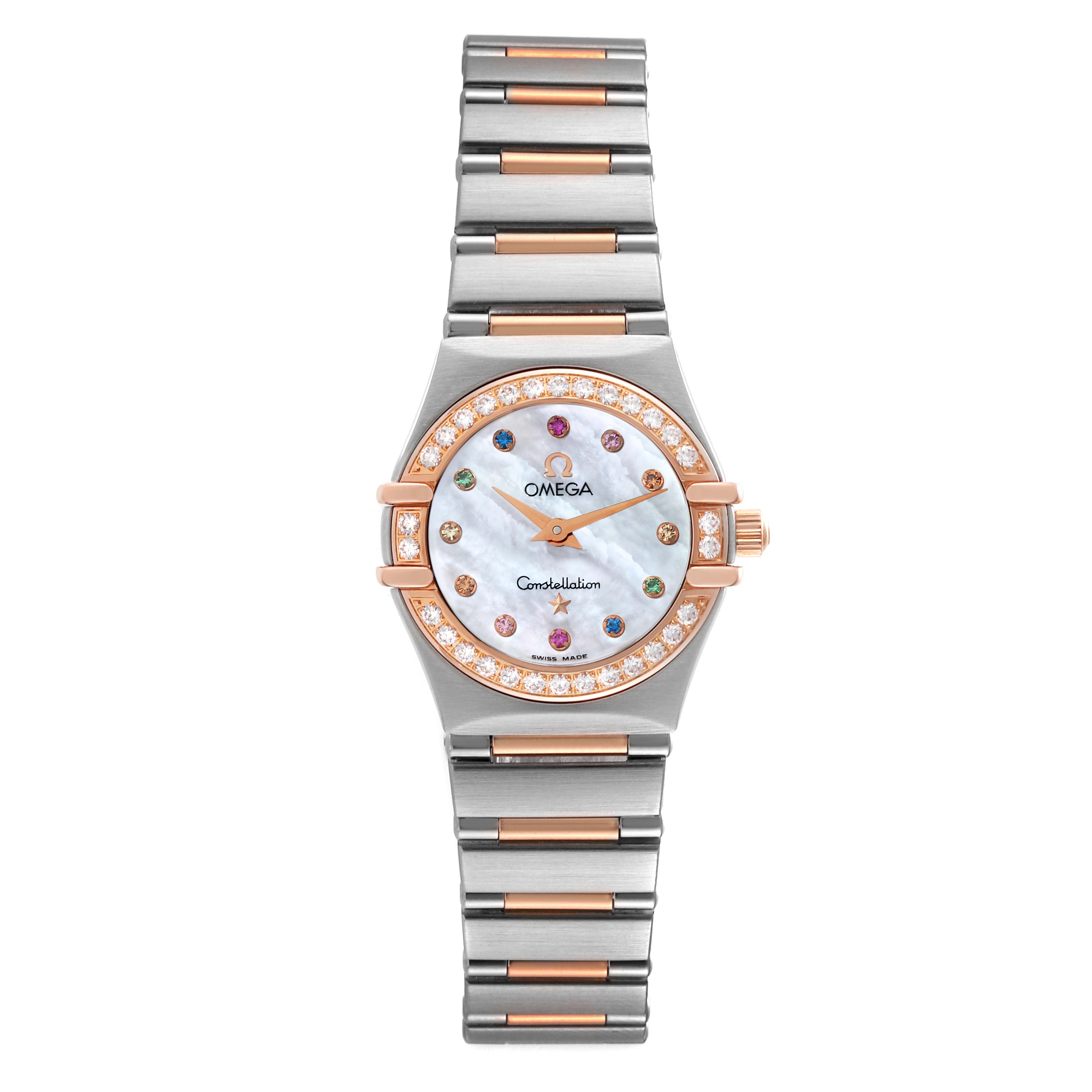 The image shows a front view of the Omega 1360.79.00 Women's Steel and Gold (two tone) Mother of Pearl Dial 1360.79.00 Women's Steel and Gold (two tone) Mother of Pearl Dial Constellation Steel Rose Gold MOP Diamond Ladies Watch 1360.79.00, highlighting the face and bracelet.