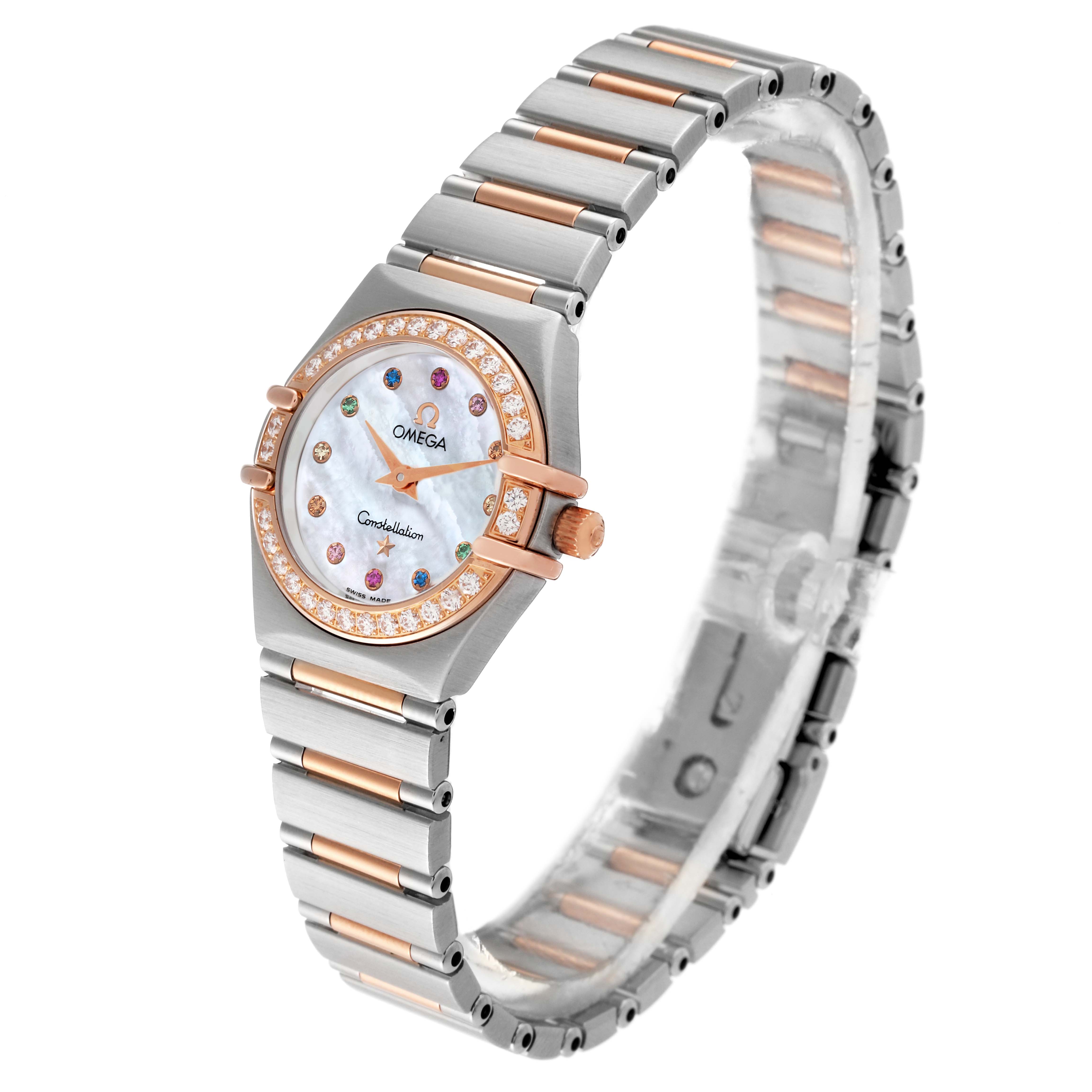 The Omega 1360.79.00 Women's Steel and Gold (two tone) Mother of Pearl Dial 1360.79.00 Women's Steel and Gold (two tone) Mother of Pearl Dial Constellation Steel Rose Gold MOP Diamond Ladies Watch 1360.79.00 is shown from a left side angle.