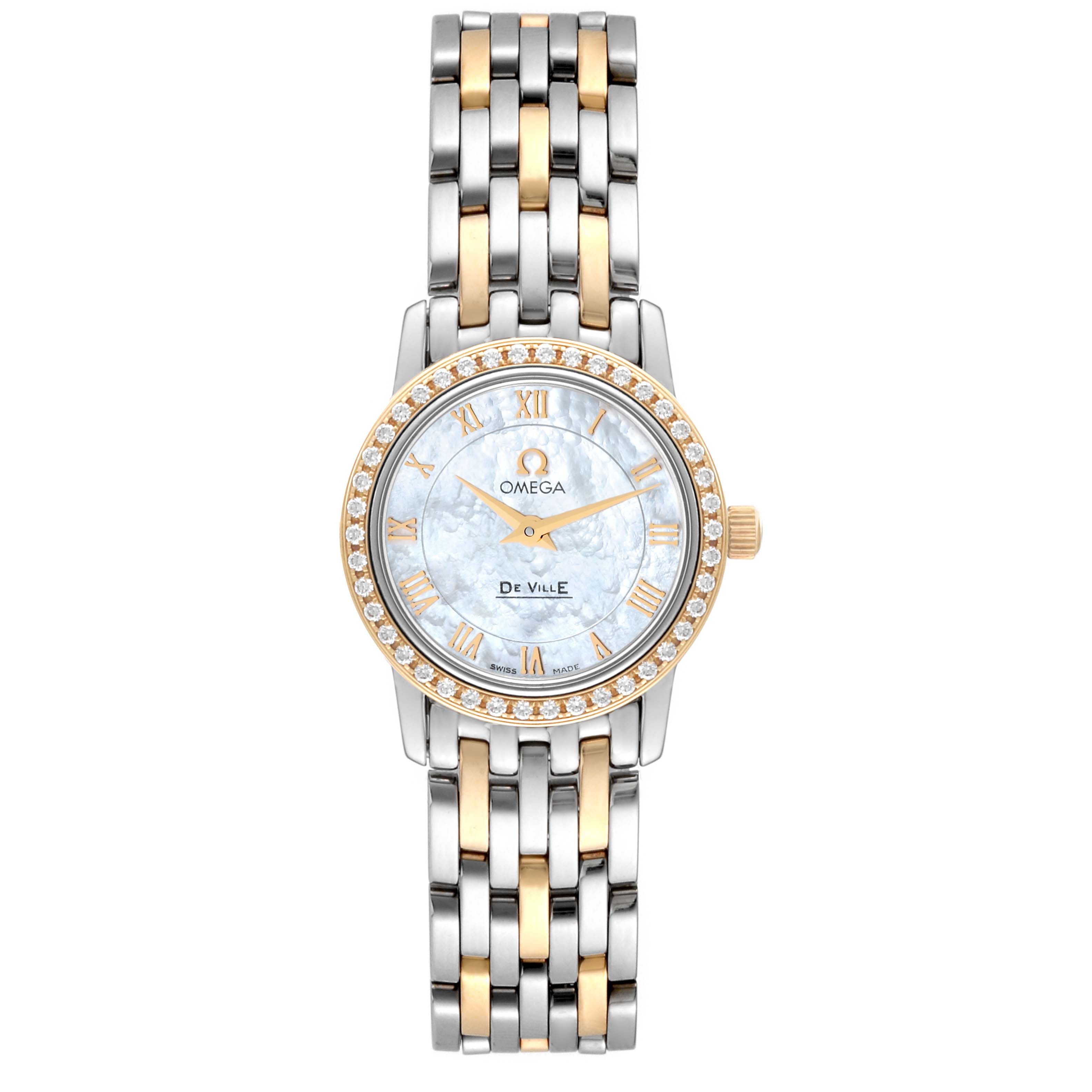 The Omega 4375.71.00 Women's Steel and Gold (two tone) Mother of Pearl Dial 4375.71.00 Women's Steel and Gold (two tone) Mother of Pearl Dial DeVille Prestige 4375.71.00 watch is shown from a front angle, displaying the face, bezel, and two-tone bracelet.