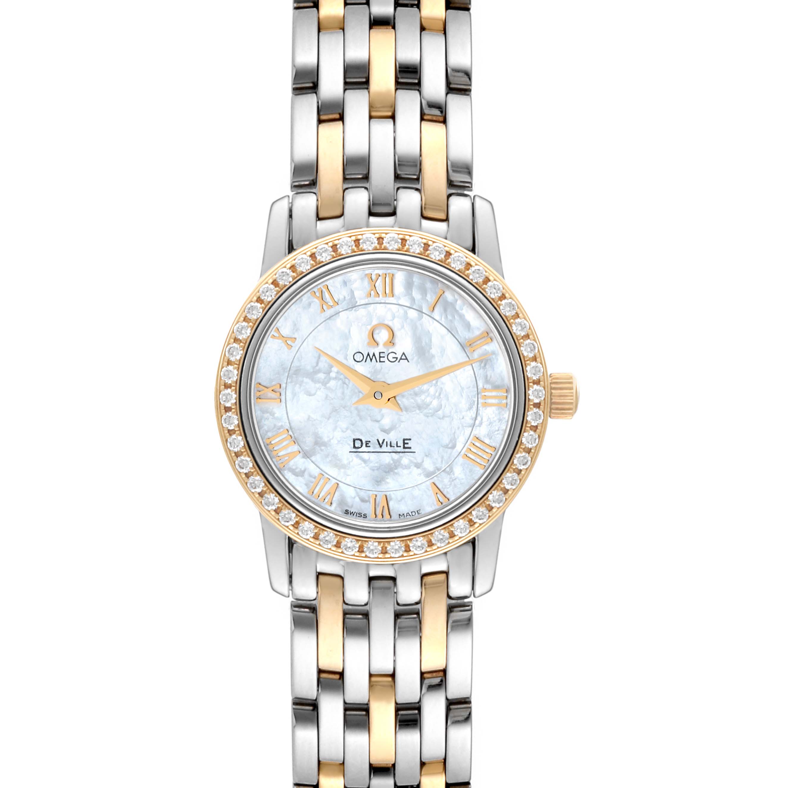 The image shows a front view of the Omega 4375.71.00 Women's Steel and Gold (two tone) Mother of Pearl Dial 4375.71.00 Women's Steel and Gold (two tone) Mother of Pearl Dial DeVille Prestige 4375.71.00 watch, highlighting its dial, bezel, and two-tone bracelet.