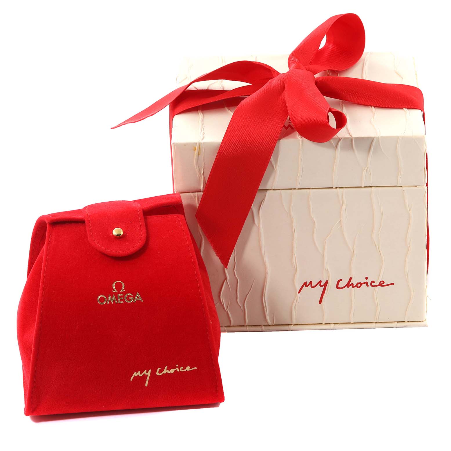 The image shows the packaging and accessories for the Omega 4375.71.00 Women's Steel and Gold (two tone) Mother of Pearl Dial 4375.71.00 Women's Steel and Gold (two tone) Mother of Pearl Dial DeVille Prestige Mother of Pearl Diamond Steel Yellow Gold Ladies Watch 4375.71.00, including a red pouch and a gift box with a red ribbon.