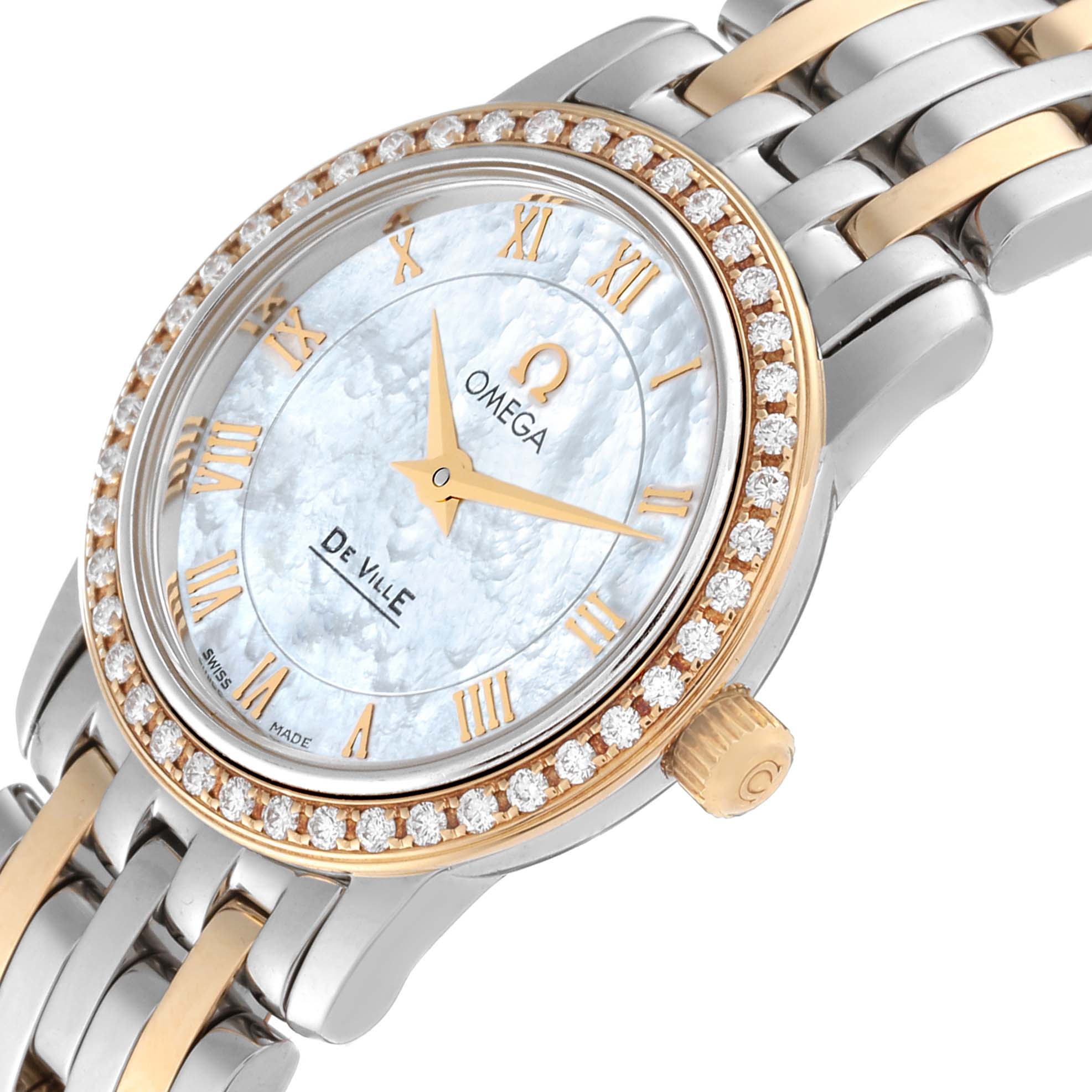 The Omega 4375.71.00 Women's Steel and Gold (two tone) Mother of Pearl Dial 4375.71.00 Women's Steel and Gold (two tone) Mother of Pearl Dial DeVille Prestige model 4375.71.00 is shown from an angled view, highlighting the mother of pearl dial, diamond bezel, and steel and yellow gold bracelet.