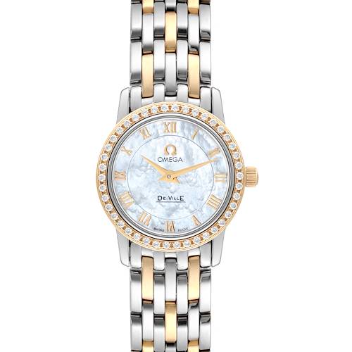 The Omega DeVille Prestige 4375.71.00 watch is shown from a frontal angle, displaying its mother of pearl dial, diamond bezel, and steel and yellow gold band.