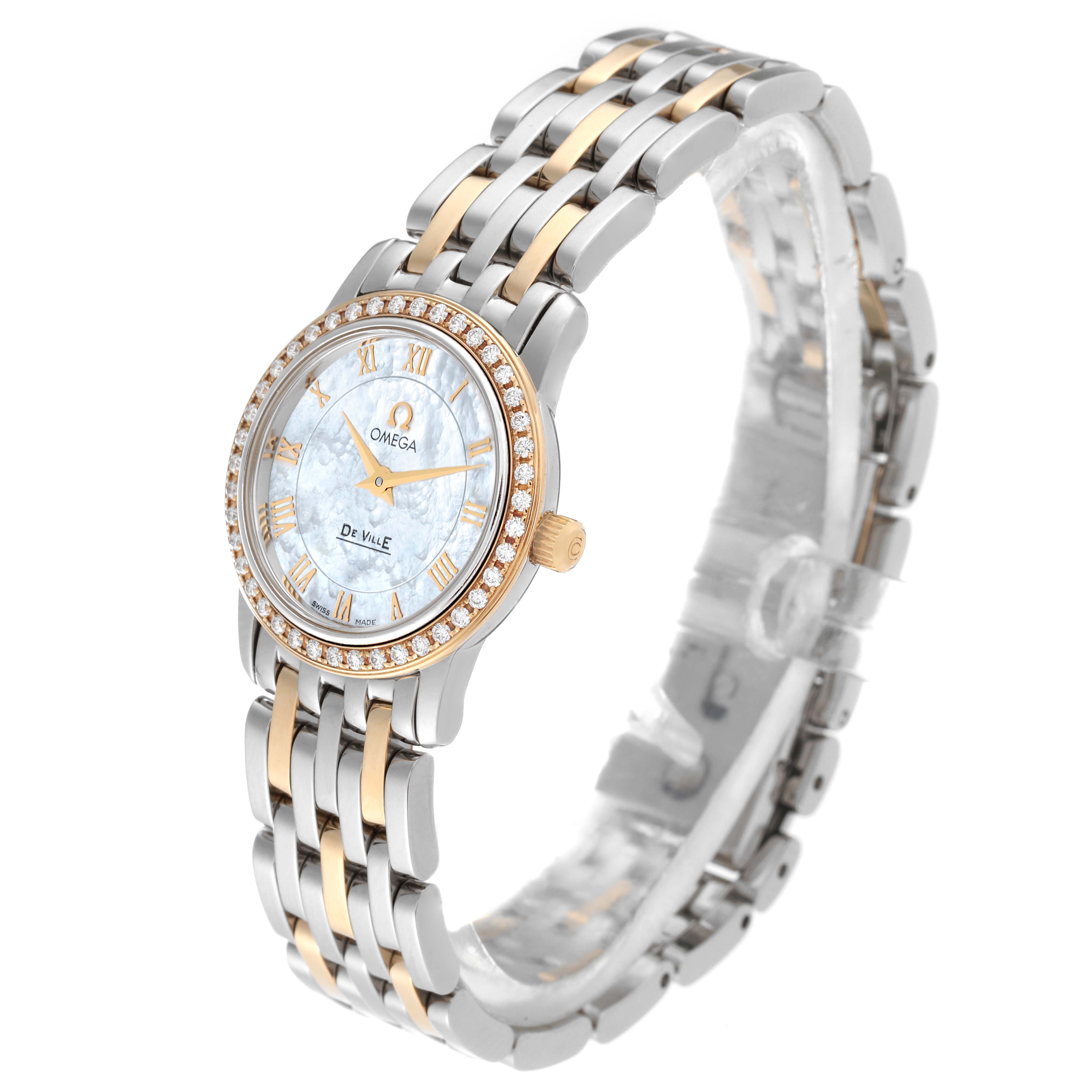 The Omega 4375.71.00 Women's Steel and Gold (two tone) Mother of Pearl Dial 4375.71.00 Women's Steel and Gold (two tone) Mother of Pearl Dial DeVille Prestige 4375.71.00 watch is shown at a three-quarter angle, highlighting the mother of pearl dial, diamond bezel, and bi-metal bracelet.