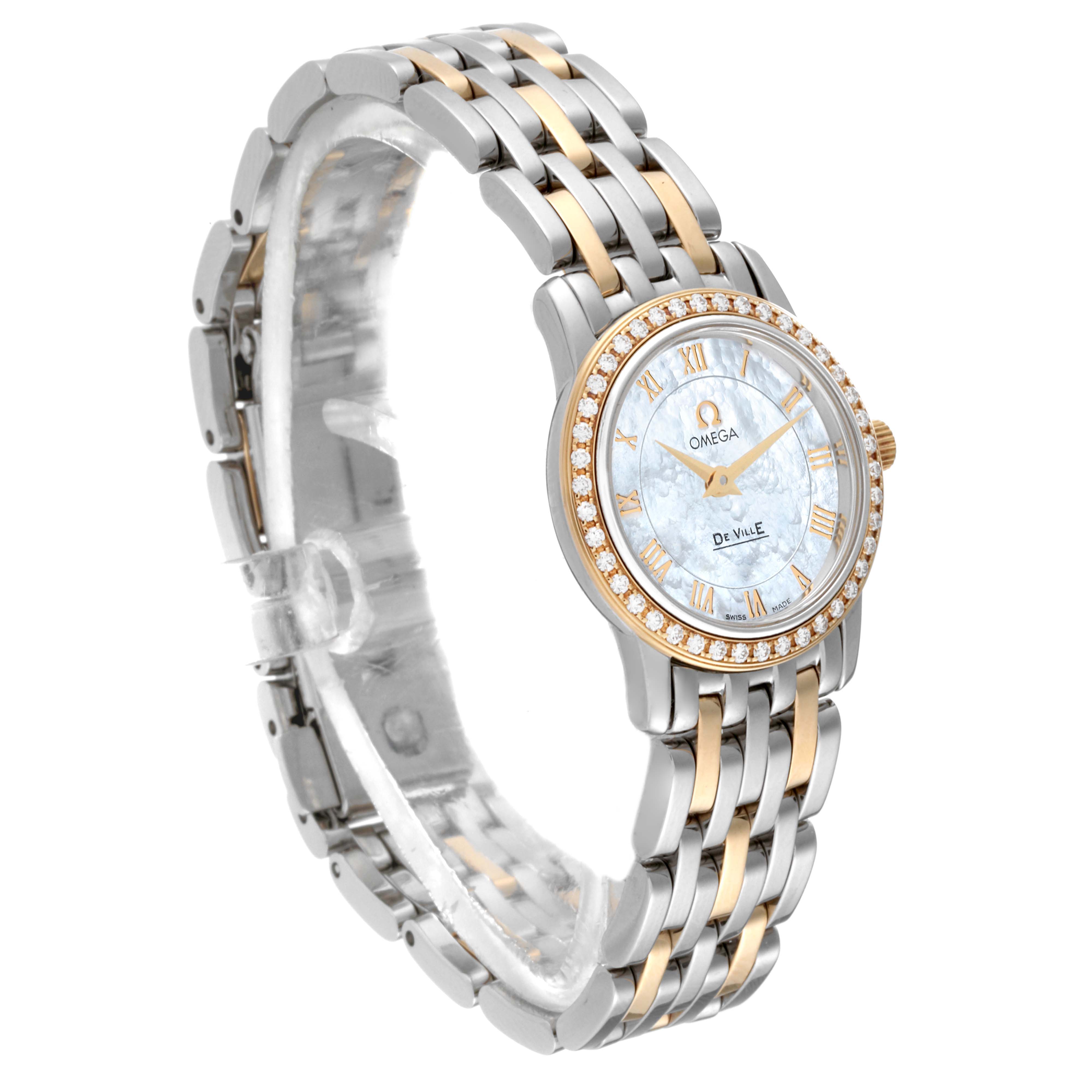 The Omega 4375.71.00 Women's Steel and Gold (two tone) Mother of Pearl Dial 4375.71.00 Women's Steel and Gold (two tone) Mother of Pearl Dial DeVille Prestige 4375.71.00 watch is shown at a three-quarter angle highlighting the face, bezel, and bracelet.