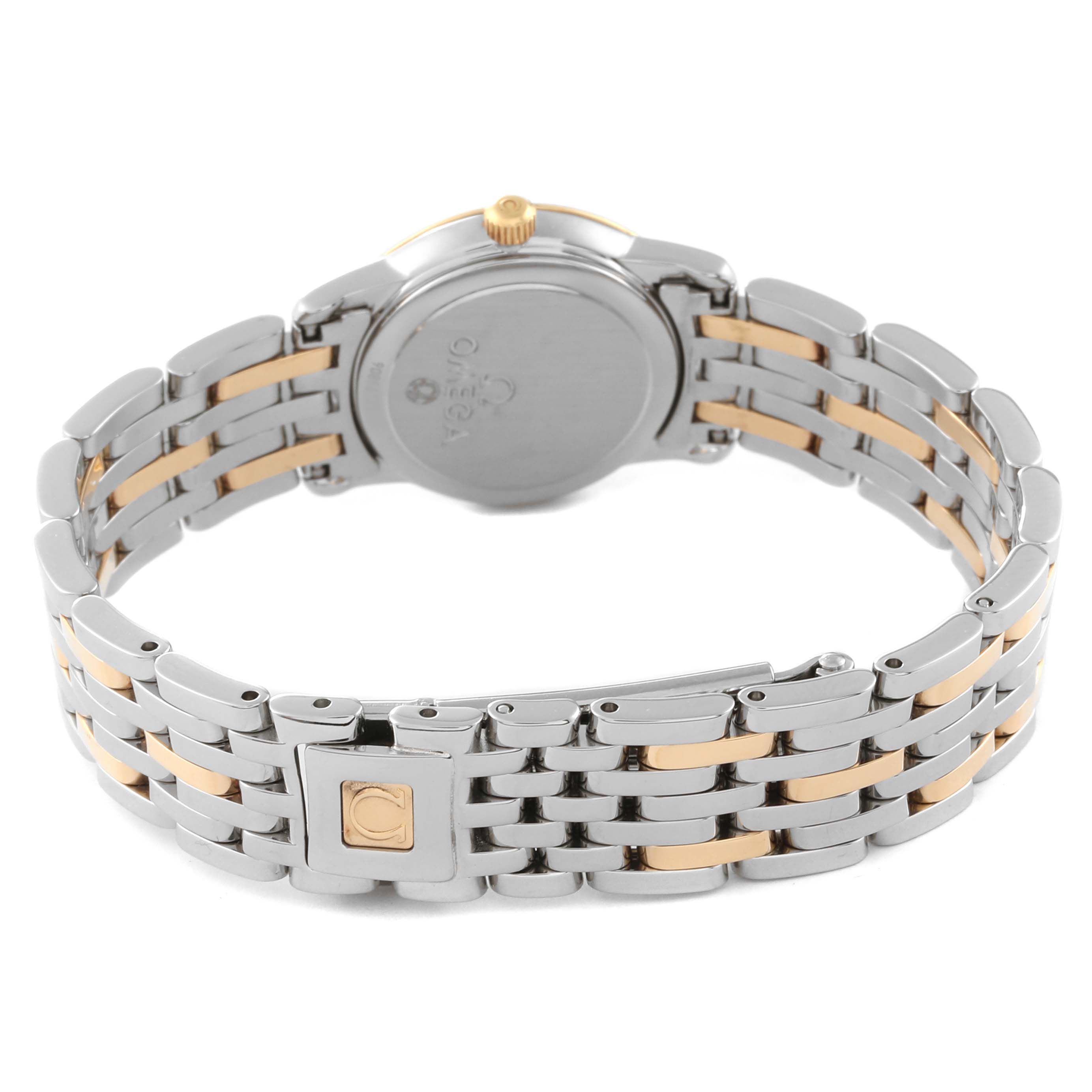 This image shows the back of the Omega 4375.71.00 Women's Steel and Gold (two tone) Mother of Pearl Dial 4375.71.00 Women's Steel and Gold (two tone) Mother of Pearl Dial DeVille Prestige Mother of Pearl Diamond Steel Yellow Gold Ladies Watch 4375.71.00, highlighting the two-tone bracelet and clasp.