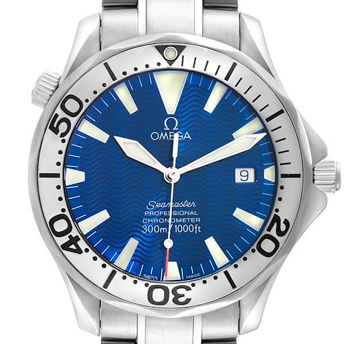 The Omega Seamaster watch is shown from a front angle, displaying the dial, bezel, and part of the bracelet.