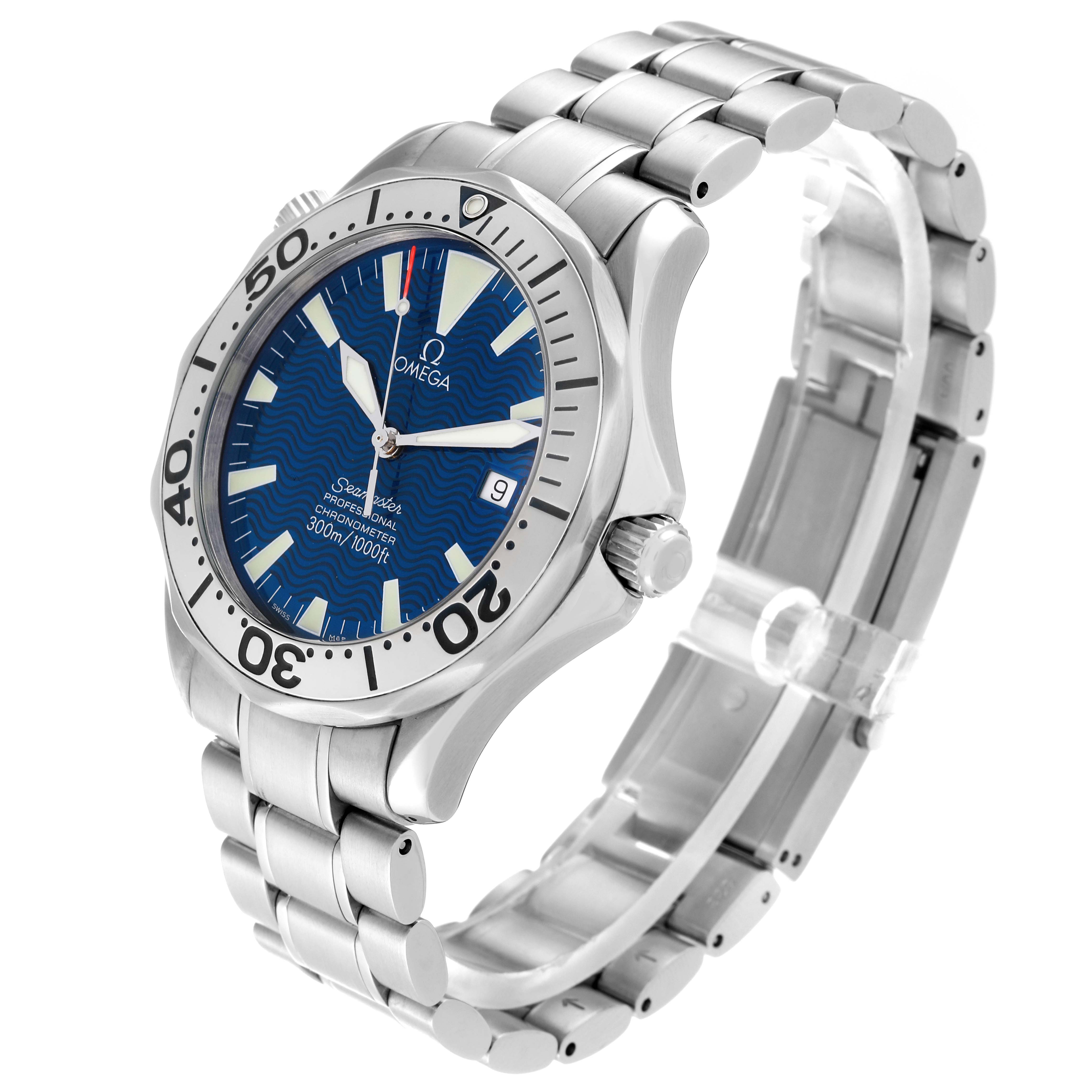 The Omega Seamaster 2255.80.00 Men
s Stainless Steel Blue Dial 2255.80.00 Men
s Stainless Steel Blue Dial watch is shown at a three-quarter angle, revealing the face, bezel, crown, and bracelet.