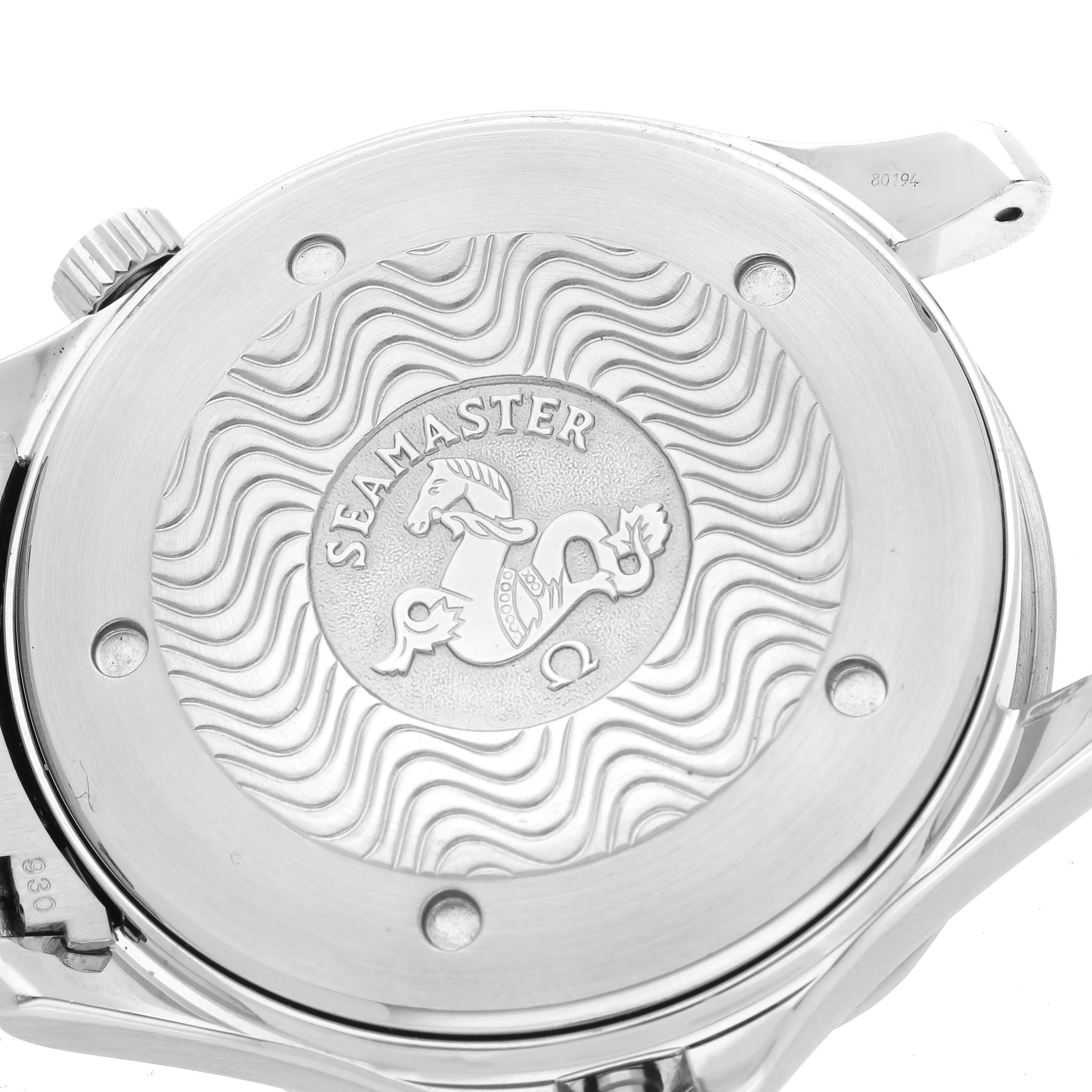 The image shows the back case of an Omega Seamaster 2255.80.00 Men
s Stainless Steel Blue Dial 2255.80.00 Men
s Stainless Steel Blue Dial watch, featuring a detailed engraving and the brand logo.