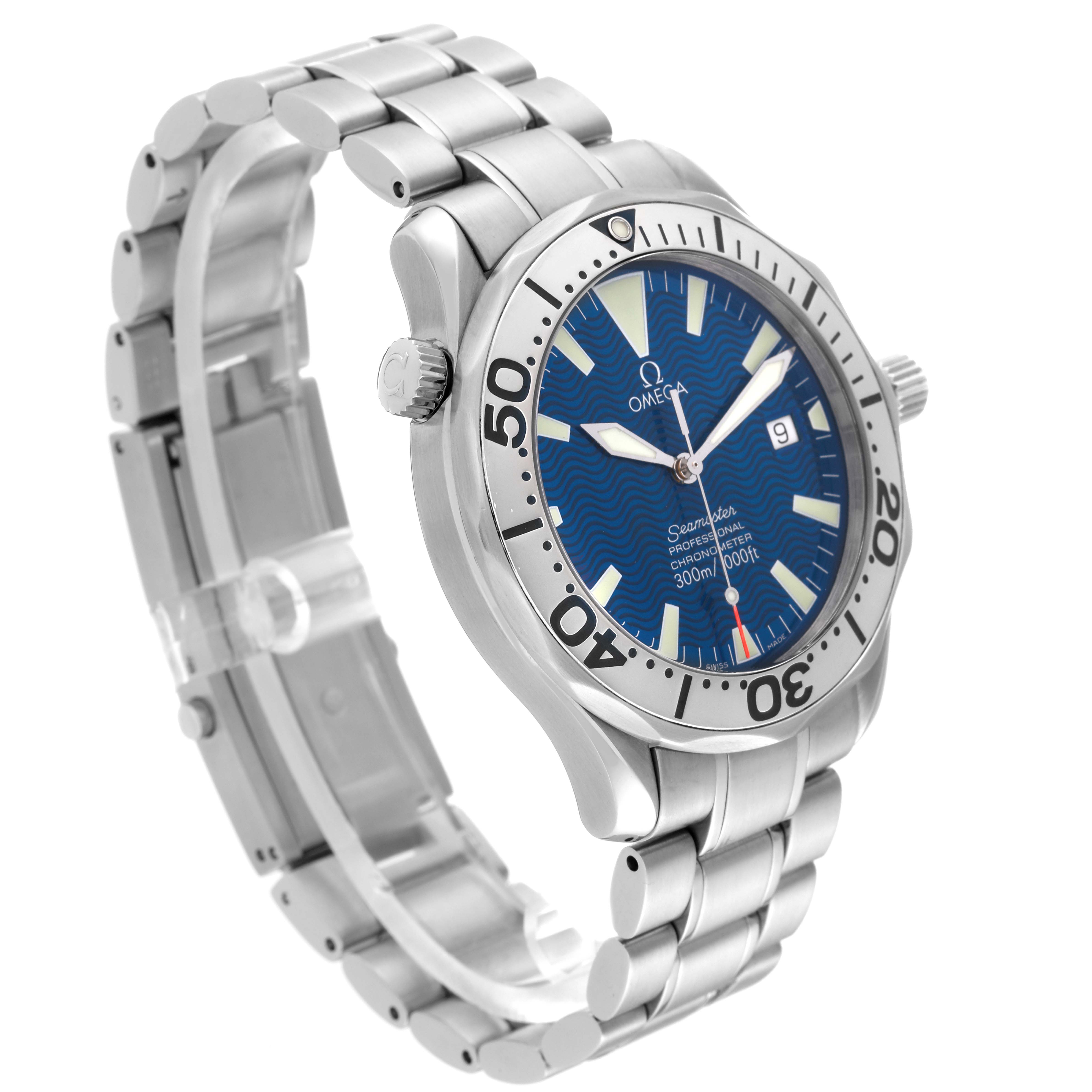 The Omega Seamaster 2255.80.00 Men
s Stainless Steel Blue Dial 2255.80.00 Men
s Stainless Steel Blue Dial watch is shown at a slightly tilted angle, highlighting its face, bezel, crown, and stainless steel bracelet.