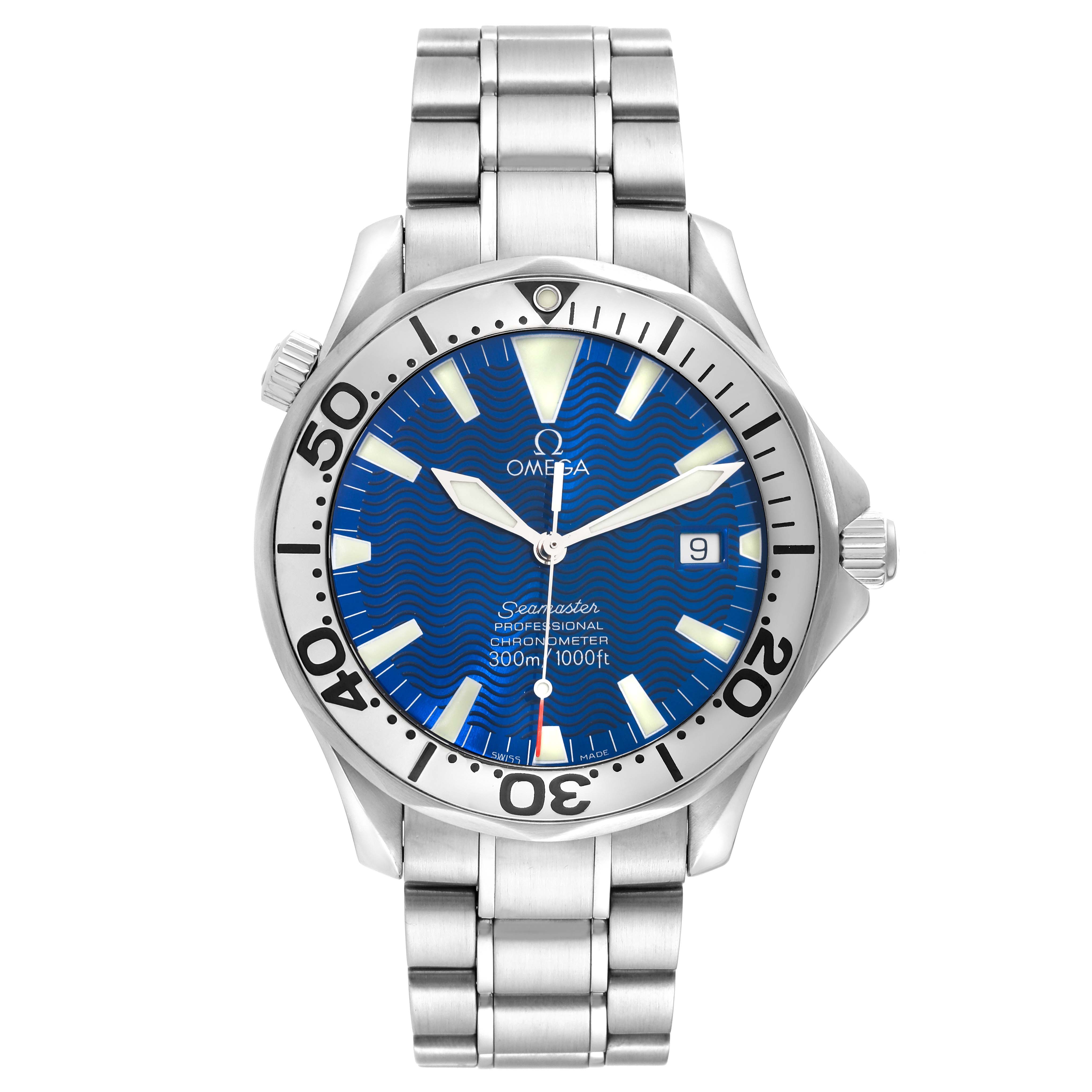 The image shows a front view of the Omega Seamaster 2255.80.00 Men
s Stainless Steel Blue Dial 2255.80.00 Men
s Stainless Steel Blue Dial Professional Chronometer watch, displaying its blue dial, bezel, and stainless steel bracelet.