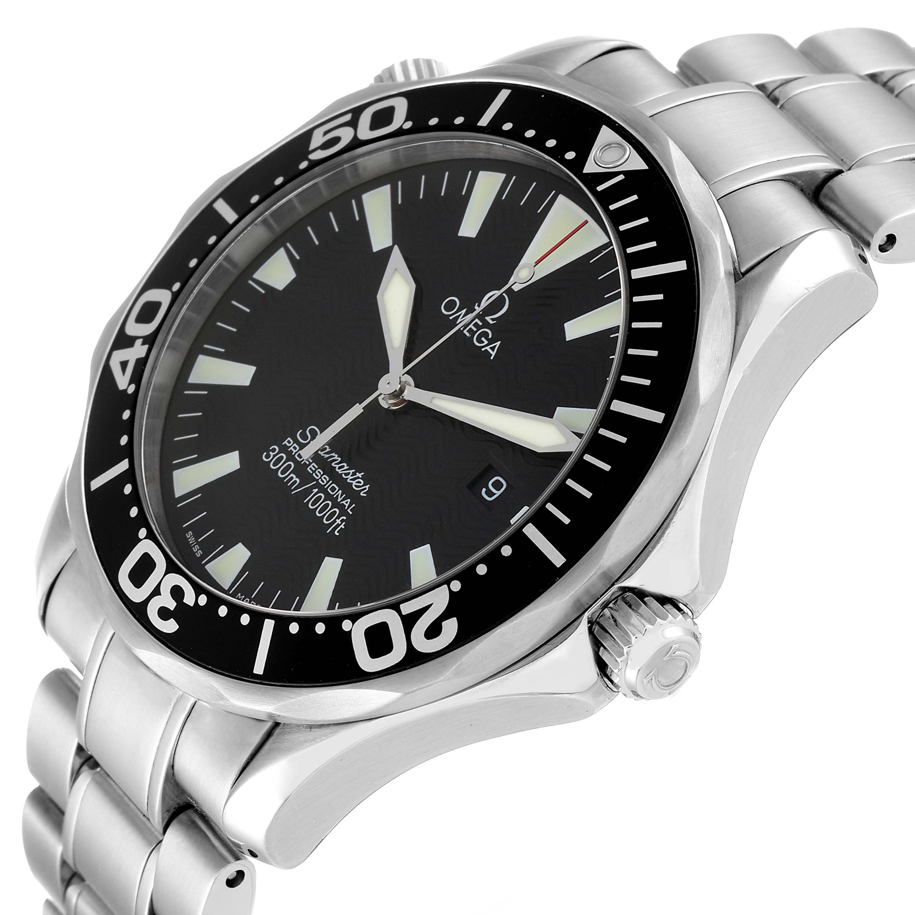 The Omega Seamaster 2264.50.00 Men's Stainless Steel Black Dial 2264.50.00 Men's Stainless Steel Black Dial watch is shown from an angled view, highlighting the dial, bezel, crown, and part of the bracelet.