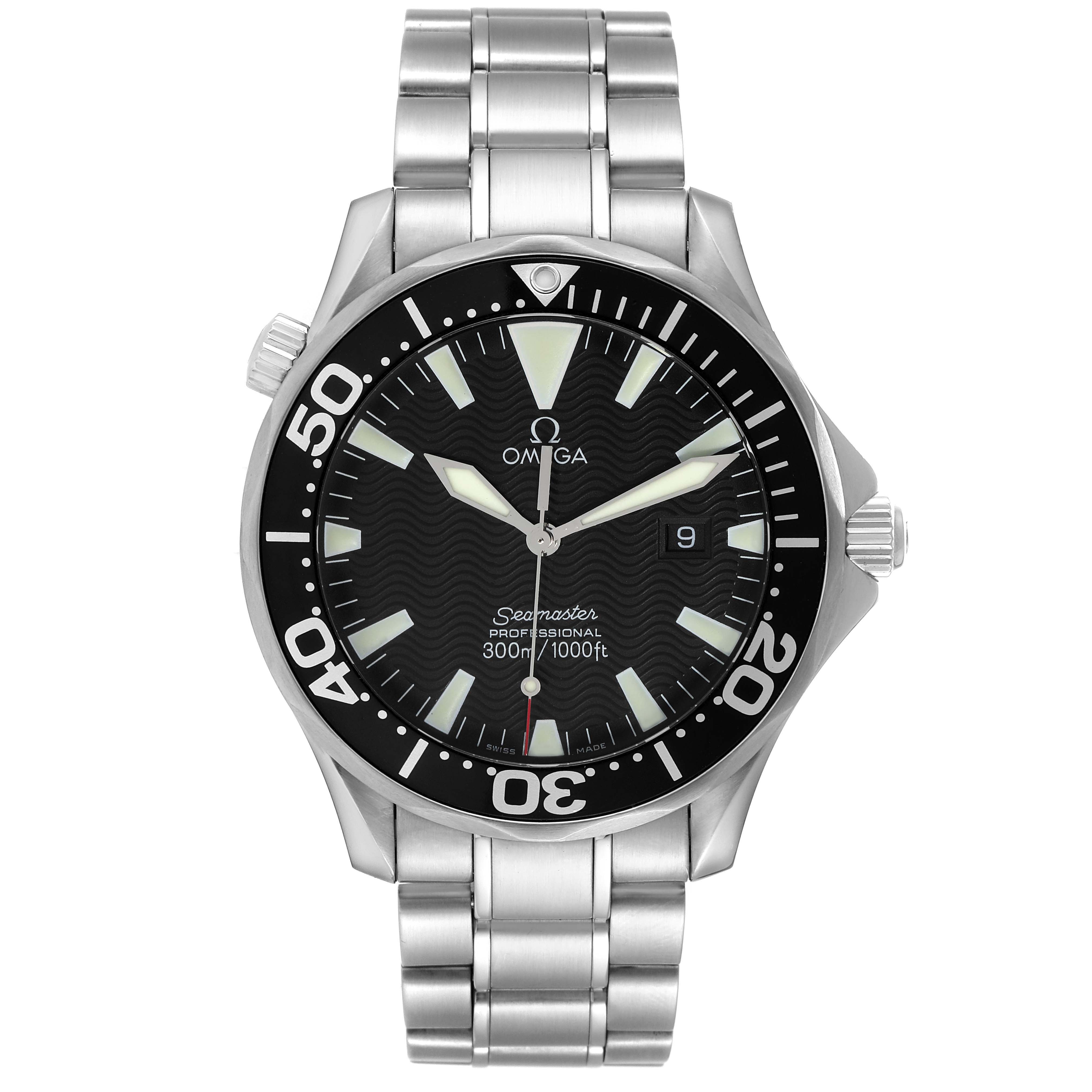 The image shows the Omega Seamaster 2264.50.00 Men's Stainless Steel Black Dial 2264.50.00 Men's Stainless Steel Black Dial watch from a front angle, highlighting its dial, bezel, and stainless steel bracelet.