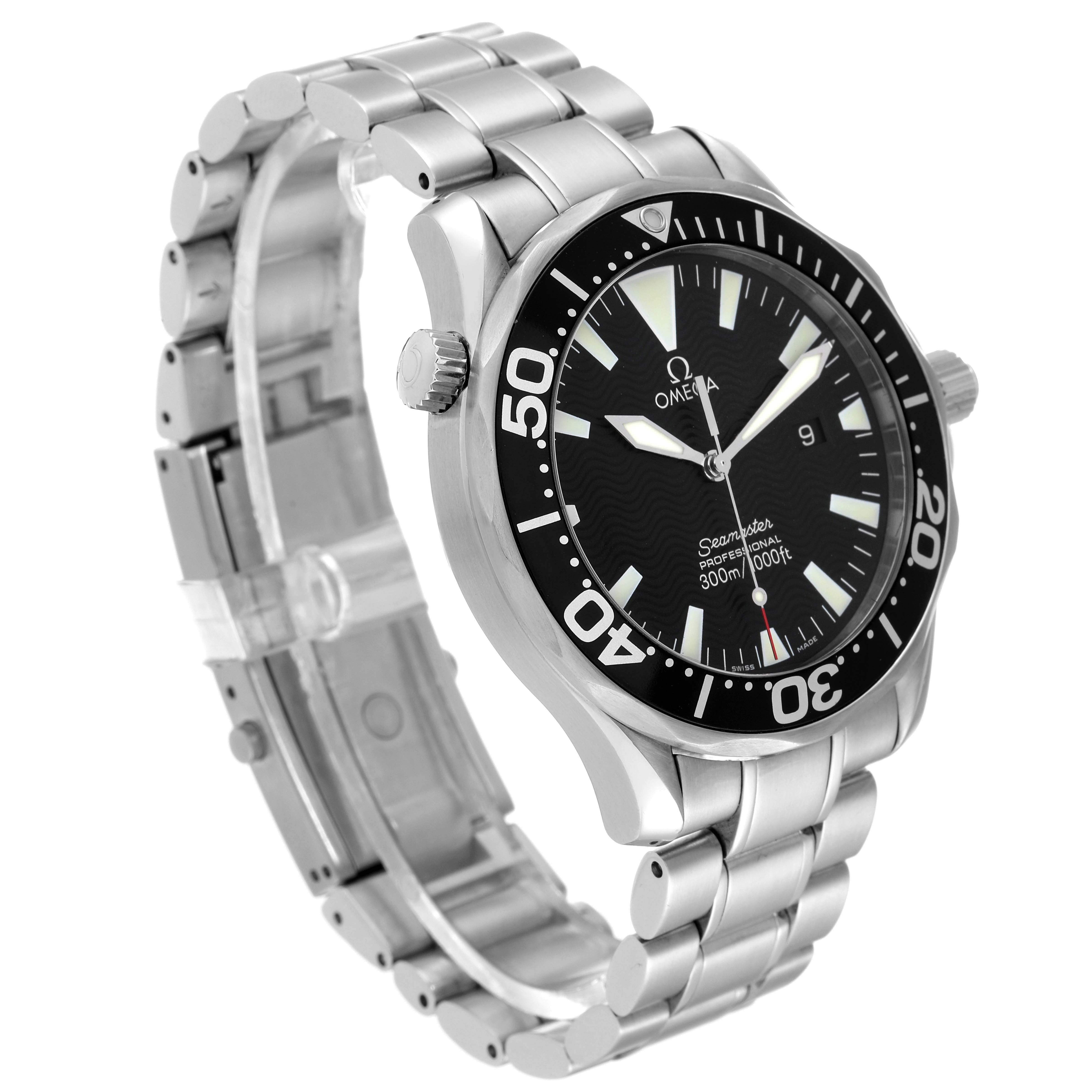 The image shows a three-quarters side view of an Omega Seamaster 2264.50.00 Men's Stainless Steel Black Dial 2264.50.00 Men's Stainless Steel Black Dial watch, highlighting the watch face, bezel, and stainless steel bracelet.