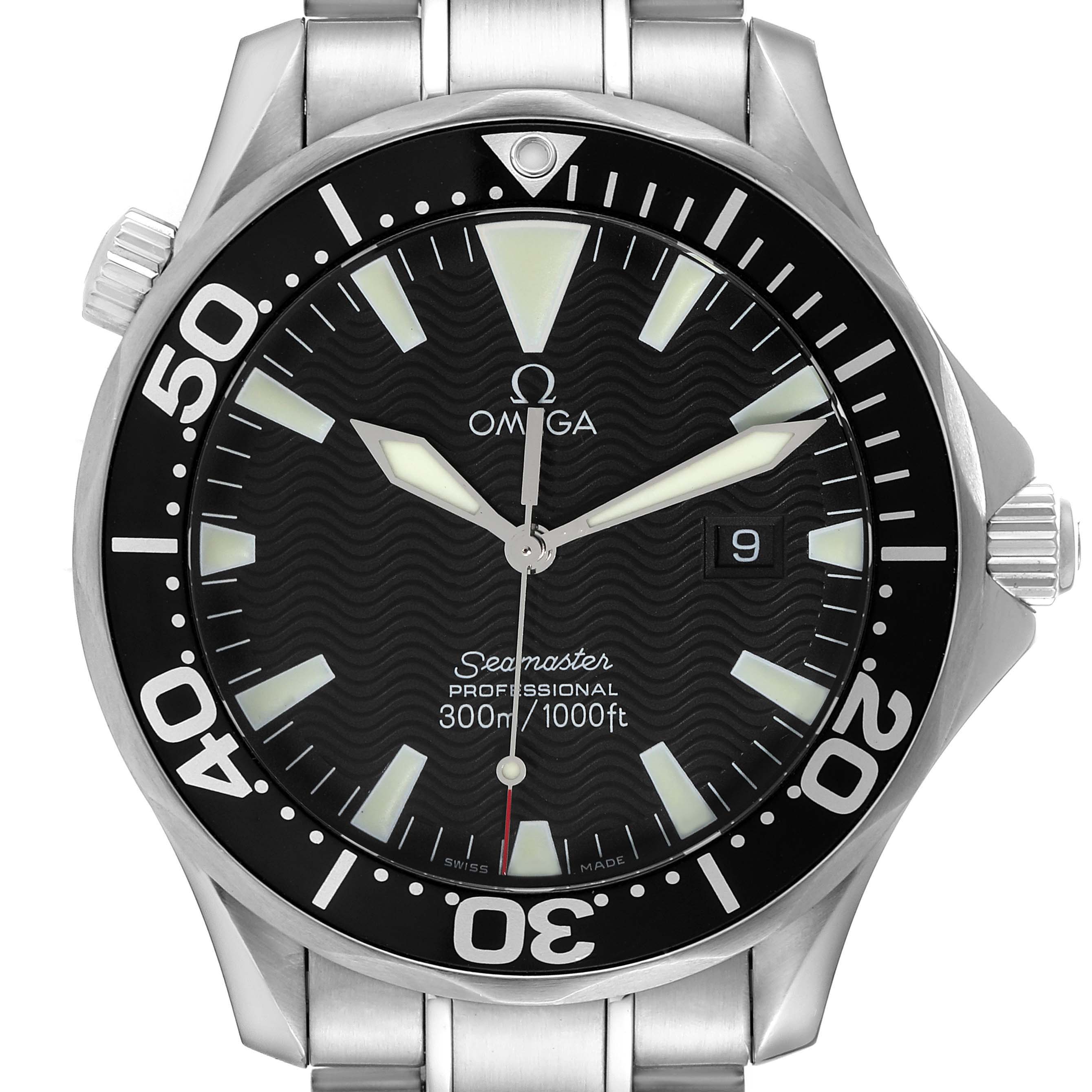 The image shows a close-up of the Omega Seamaster 2264.50.00 Men's Stainless Steel Black Dial 2264.50.00 Men's Stainless Steel Black Dial watch face, including the bezel, dial, hands, indexes, and date window.