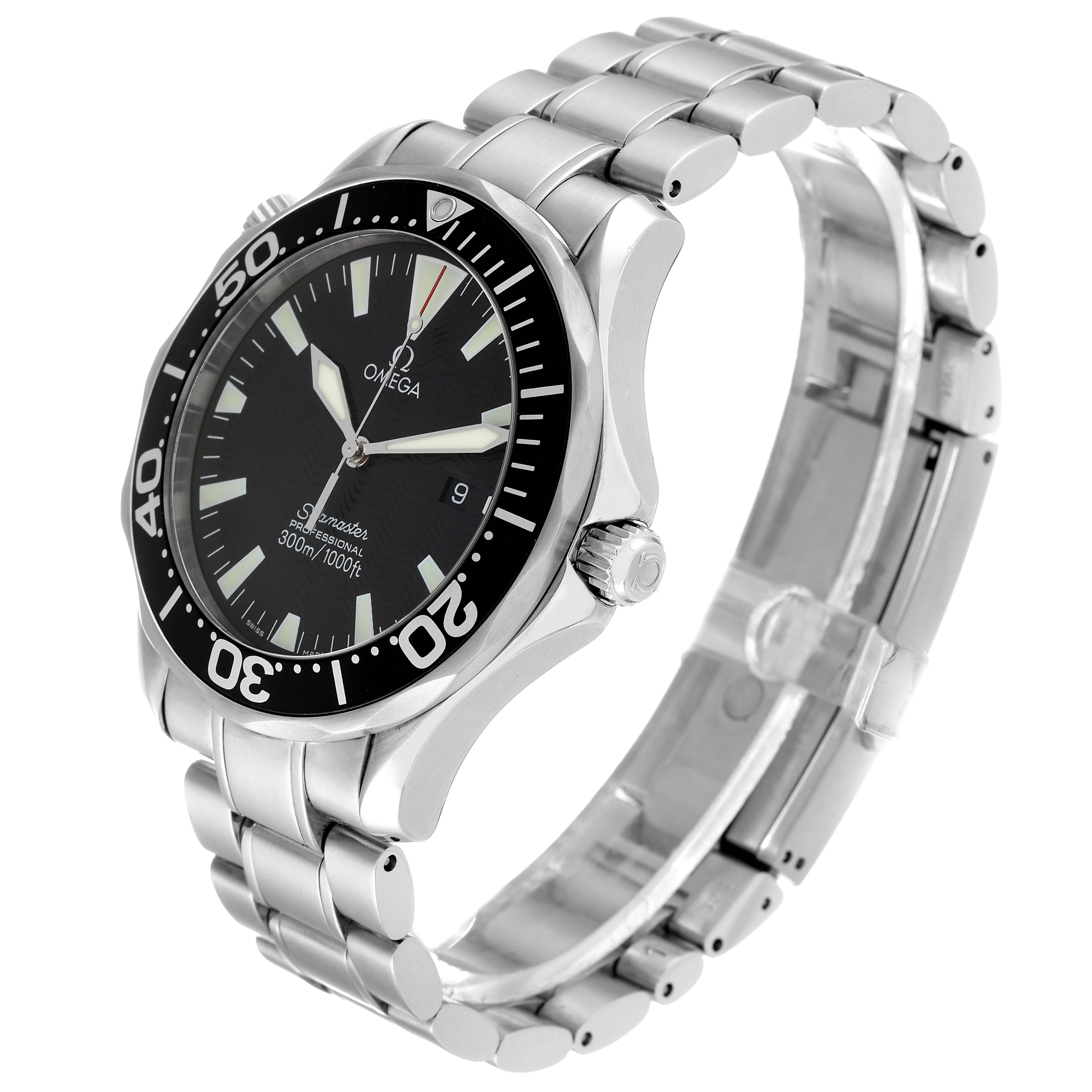 The image shows a side-angle view of an Omega Seamaster 2264.50.00 Men's Stainless Steel Black Dial 2264.50.00 Men's Stainless Steel Black Dial watch, highlighting the face, bezel, and stainless steel bracelet.