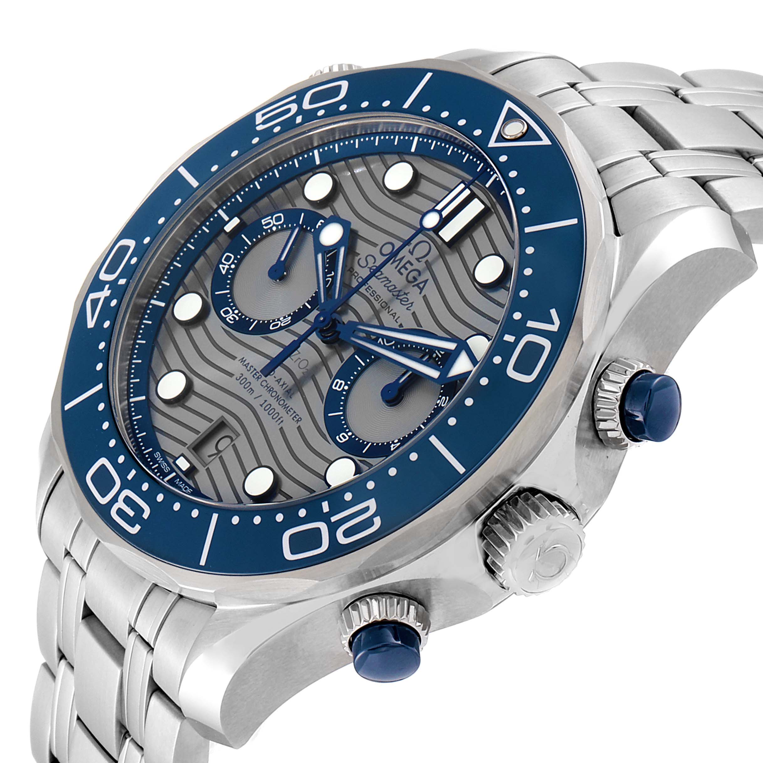 The Omega Seamaster 210.30.44.51.06.001 Men's Stainless Steel Grey Dial 210.30.44.51.06.001 Men's Stainless Steel Grey Dial watch is shown from a three-quarter angle, highlighting its dial, bezel, crown, pushers, and bracelet.