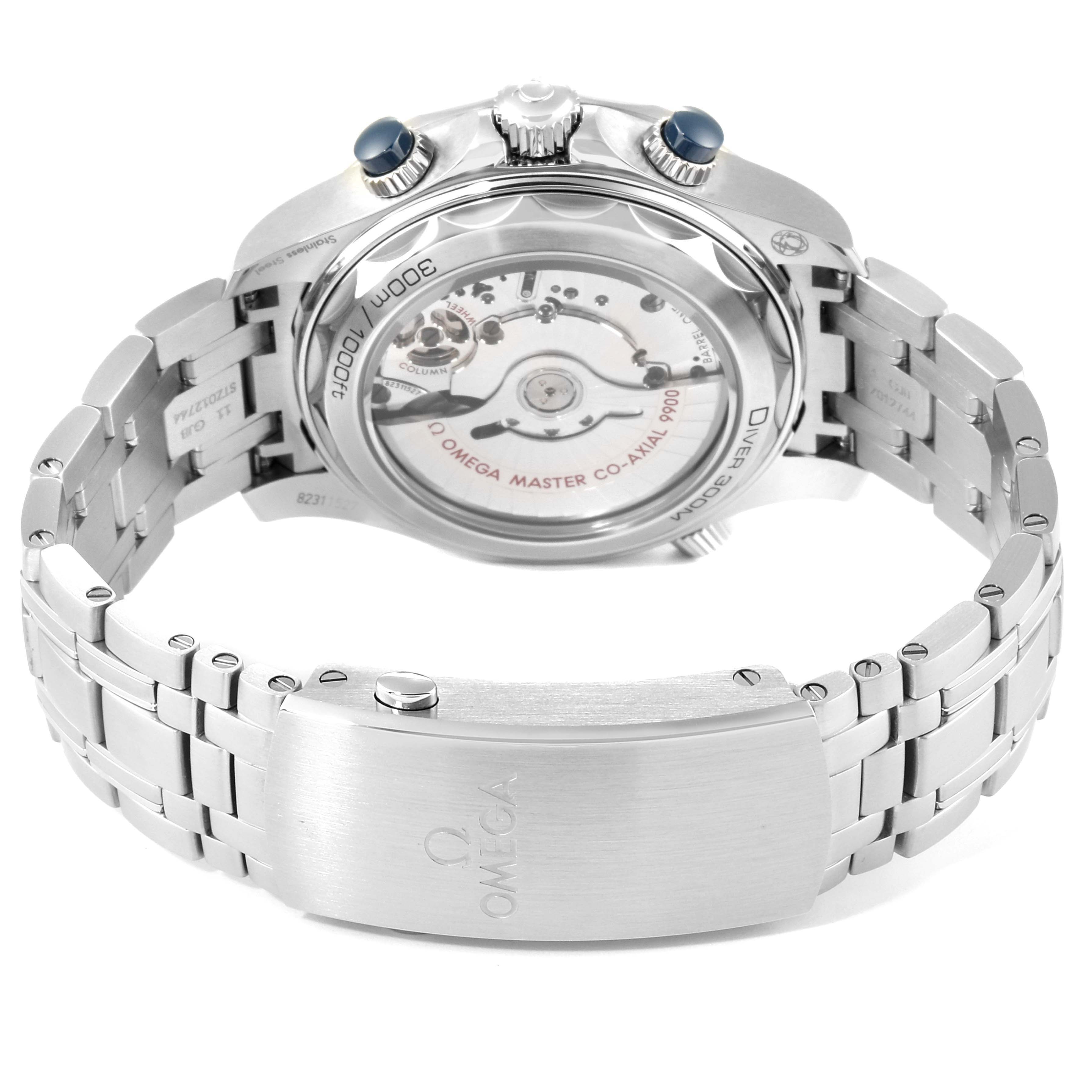 The image shows the back view of an Omega Seamaster 210.30.44.51.06.001 Men's Stainless Steel Grey Dial 210.30.44.51.06.001 Men's Stainless Steel Grey Dial watch, highlighting its movement mechanism and metal bracelet.