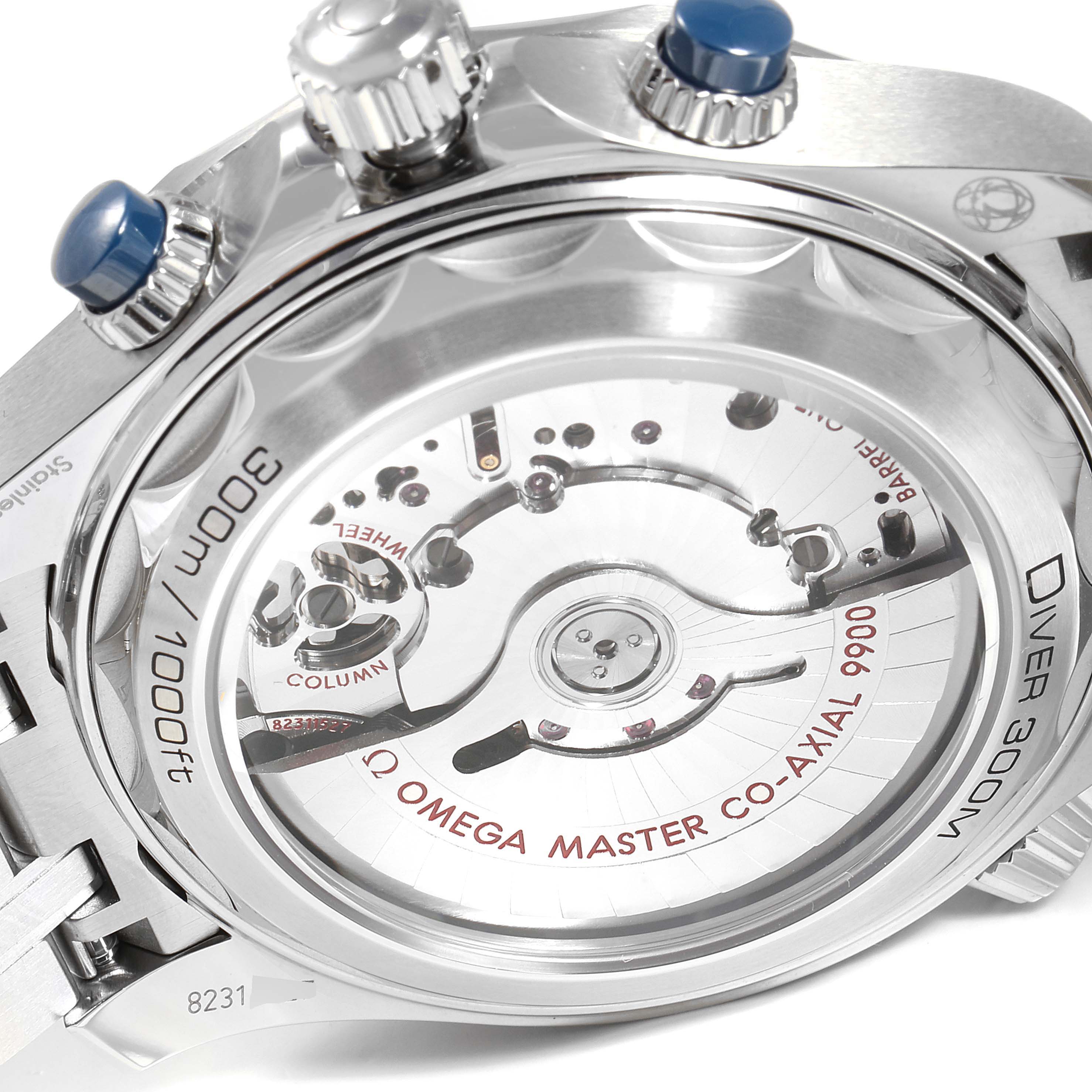 The image shows the back view of an Omega Seamaster 210.30.44.51.06.001 Men's Stainless Steel Grey Dial 210.30.44.51.06.001 Men's Stainless Steel Grey Dial watch, displaying the transparent case back and internal mechanism.