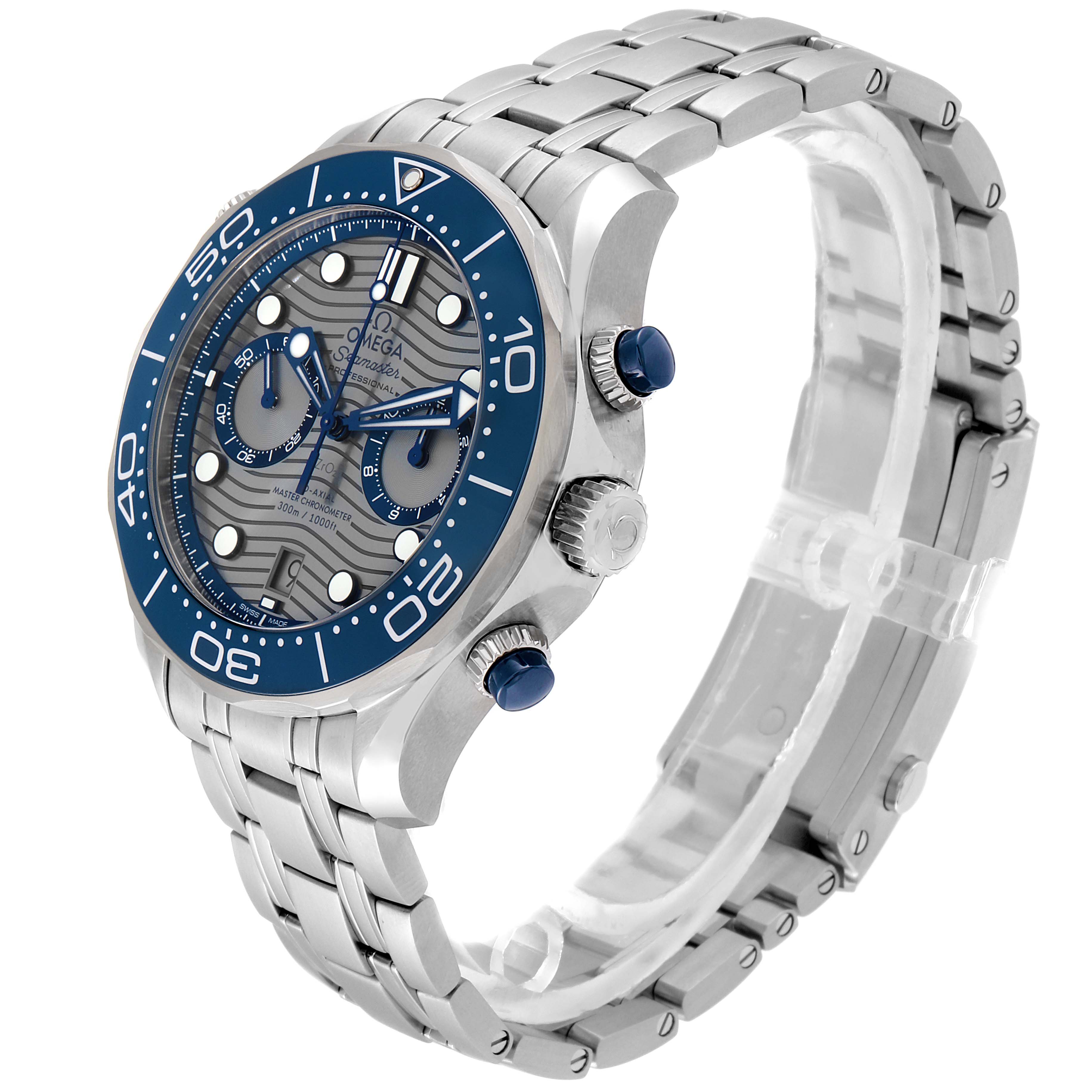 This image shows an angled view of an Omega Seamaster 210.30.44.51.06.001 Men's Stainless Steel Grey Dial 210.30.44.51.06.001 Men's Stainless Steel Grey Dial, displaying its dial, bezel, side buttons, and metal bracelet.