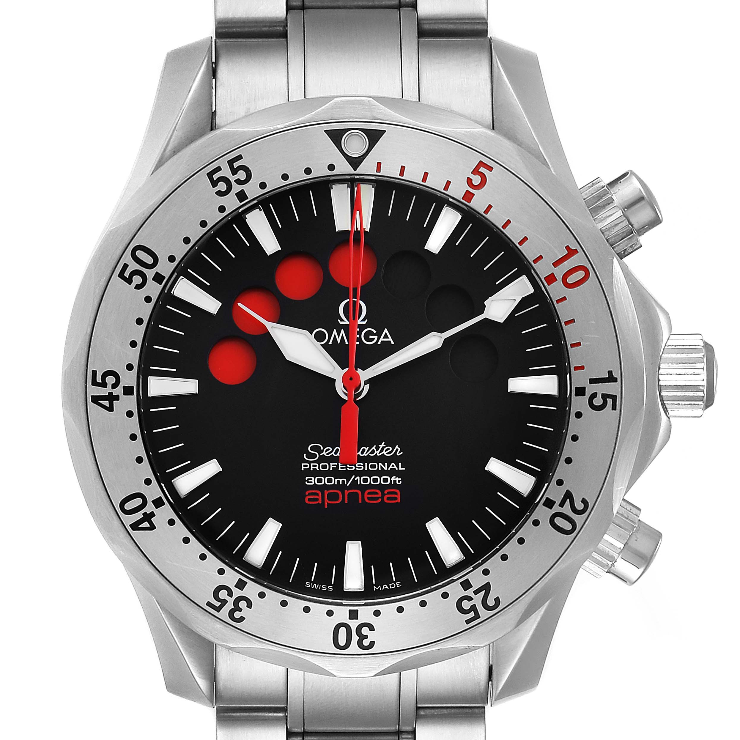 The image shows a front view of the Omega Seamaster 2595.50.00 Men's Stainless Steel Black Dial 2595.50.00 Men's Stainless Steel Black Dial watch, highlighting its dial, bezel, and bracelet.
