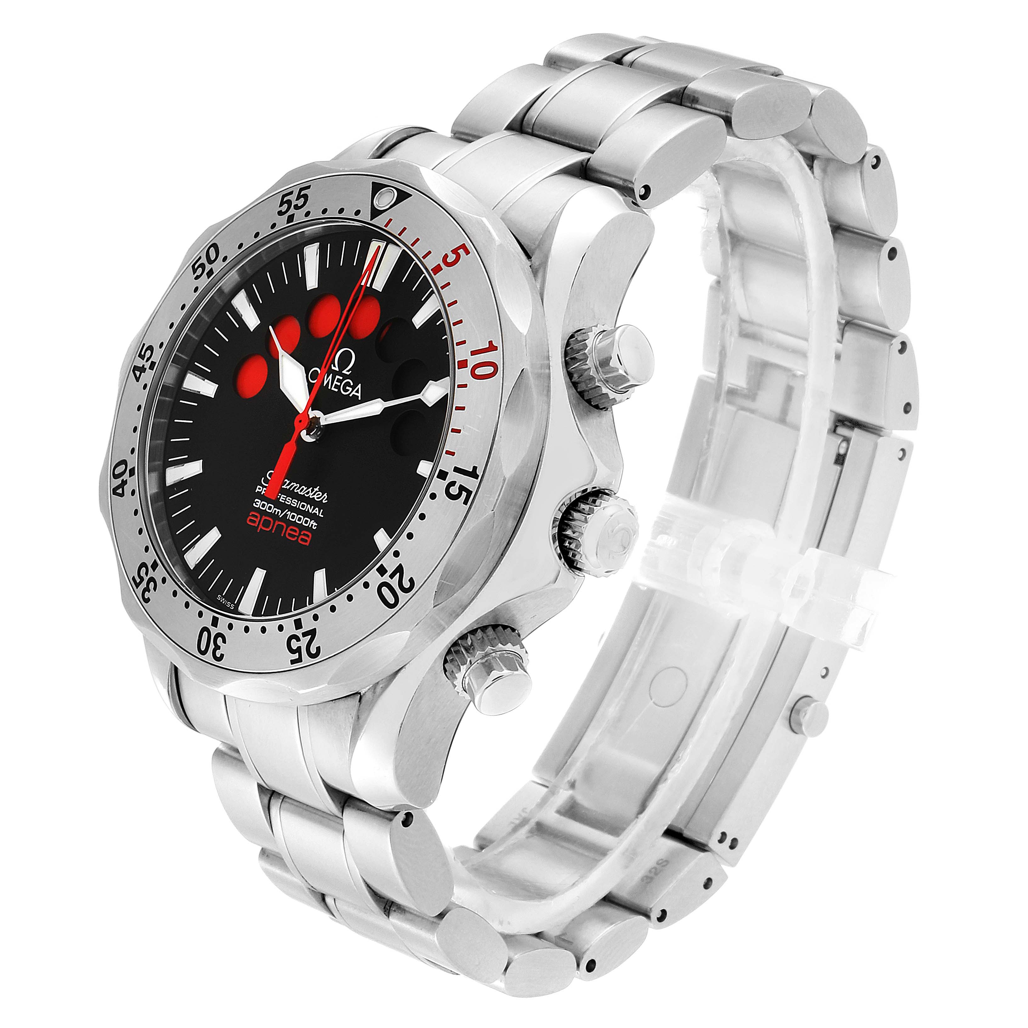 The Omega Seamaster 2595.50.00 Men's Stainless Steel Black Dial 2595.50.00 Men's Stainless Steel Black Dial watch is shown at a three-quarter angle, featuring the dial, bezel, crown, and stainless steel bracelet.