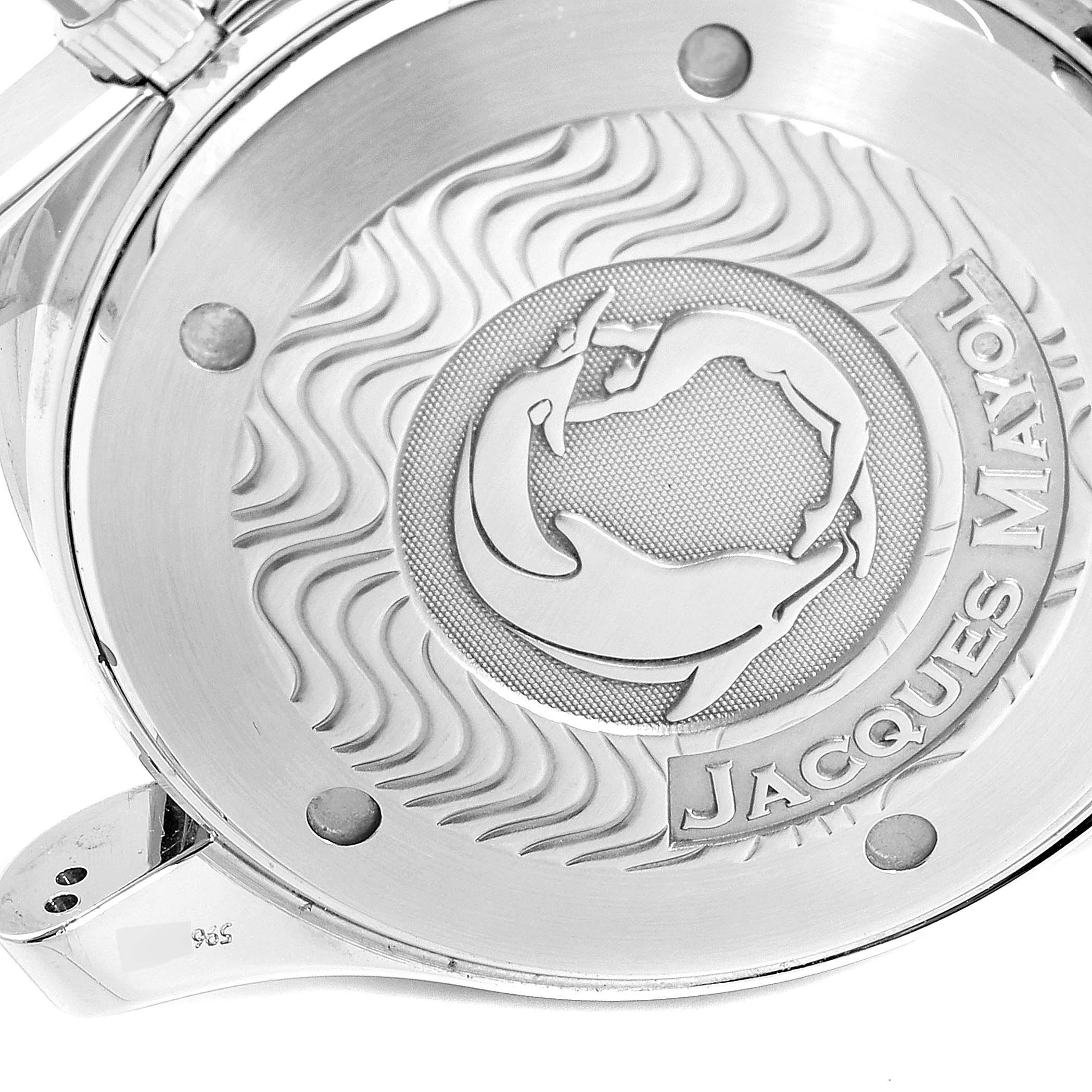 The image shows the engraved case back of an Omega Seamaster 2595.50.00 Men's Stainless Steel Black Dial 2595.50.00 Men's Stainless Steel Black Dial model.