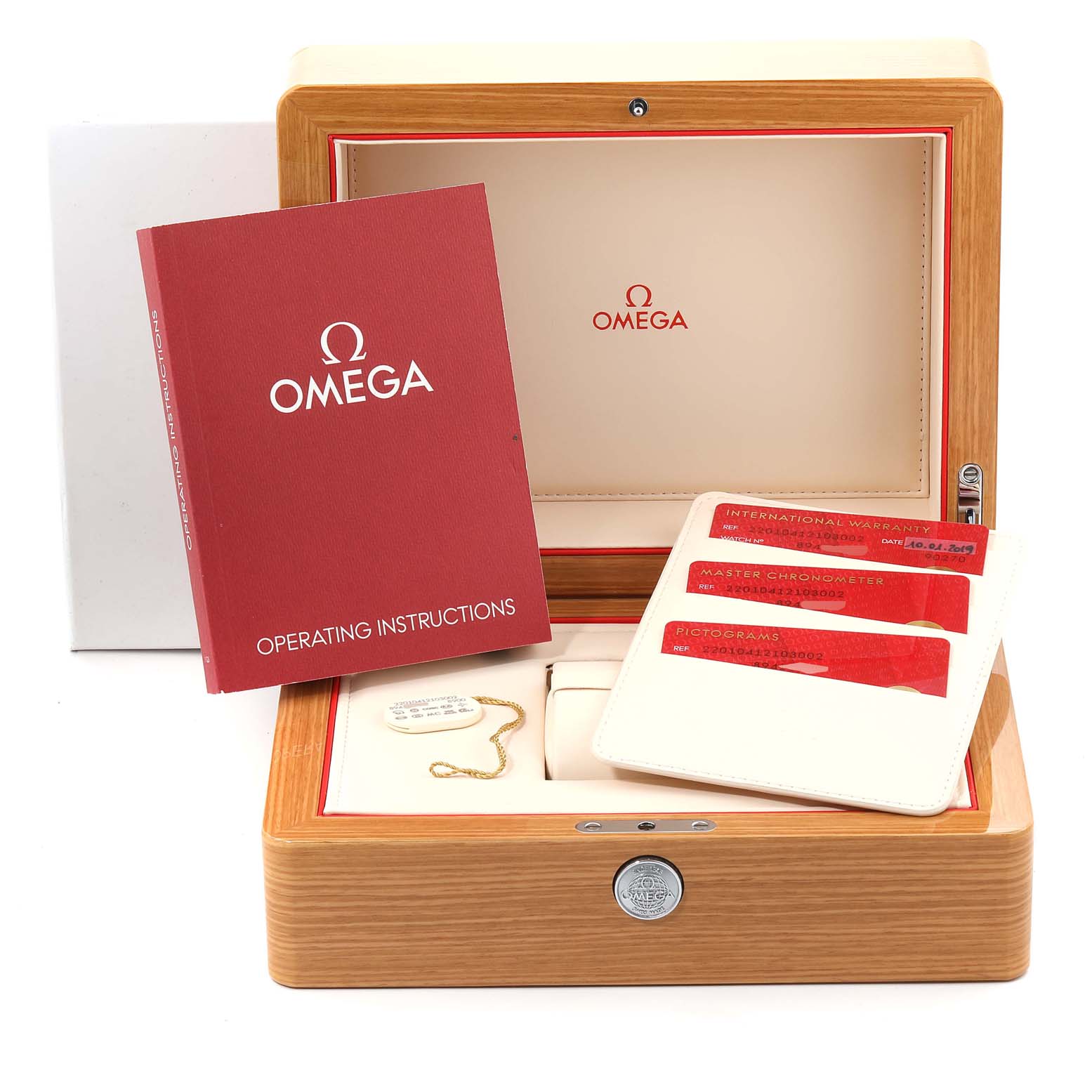 The image shows the box and accessories for the Omega Aqua Terra 220.10.41.21.03.002 Men's Stainless Steel Blue Dial 220.10.41.21.03.002 Men's Stainless Steel Blue Dial, including the manual, warranty cards, and a wooden box.