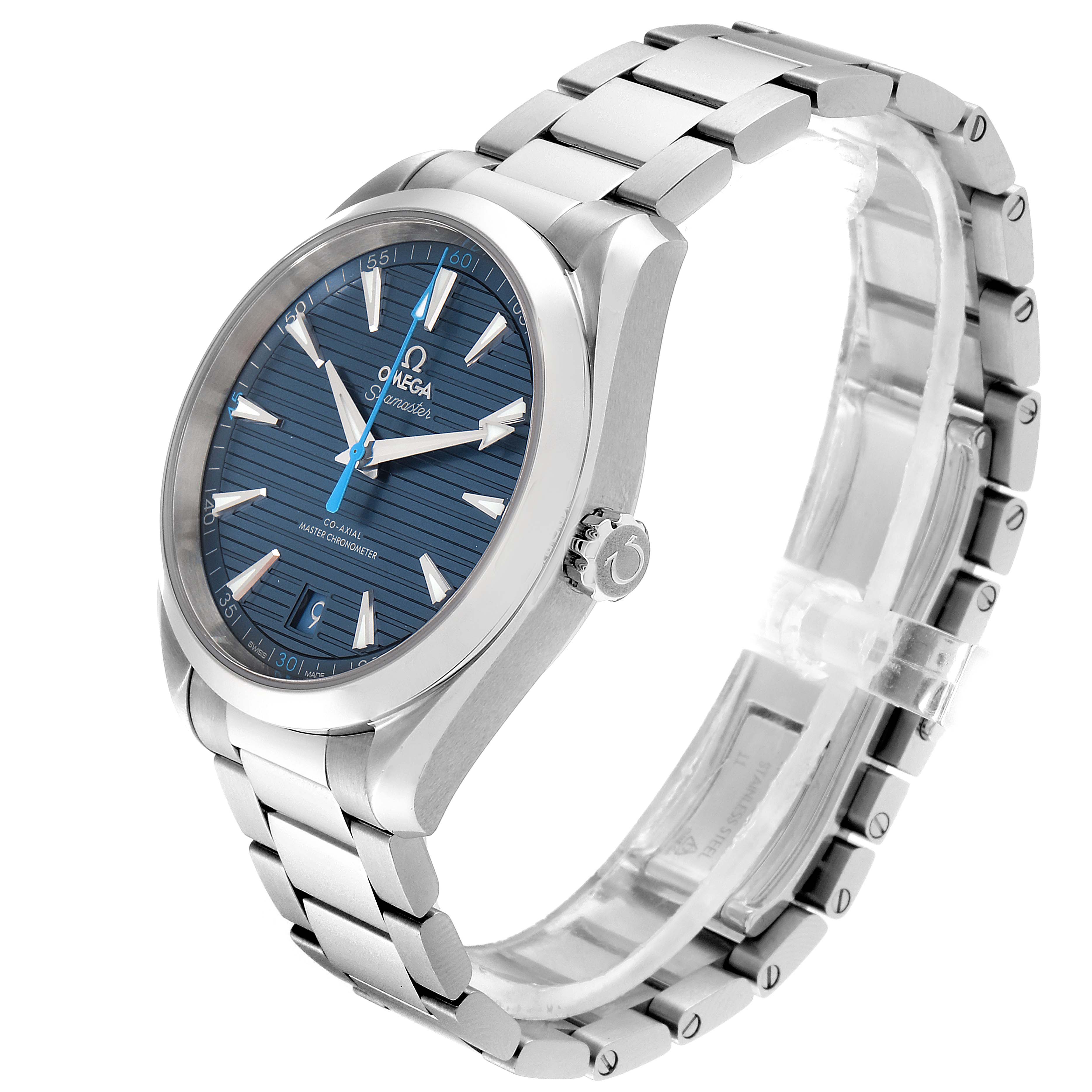 The image shows an angled view of the Omega Aqua Terra 220.10.41.21.03.002 Men's Stainless Steel Blue Dial 220.10.41.21.03.002 Men's Stainless Steel Blue Dial watch, highlighting its face, bracelet, and crown.