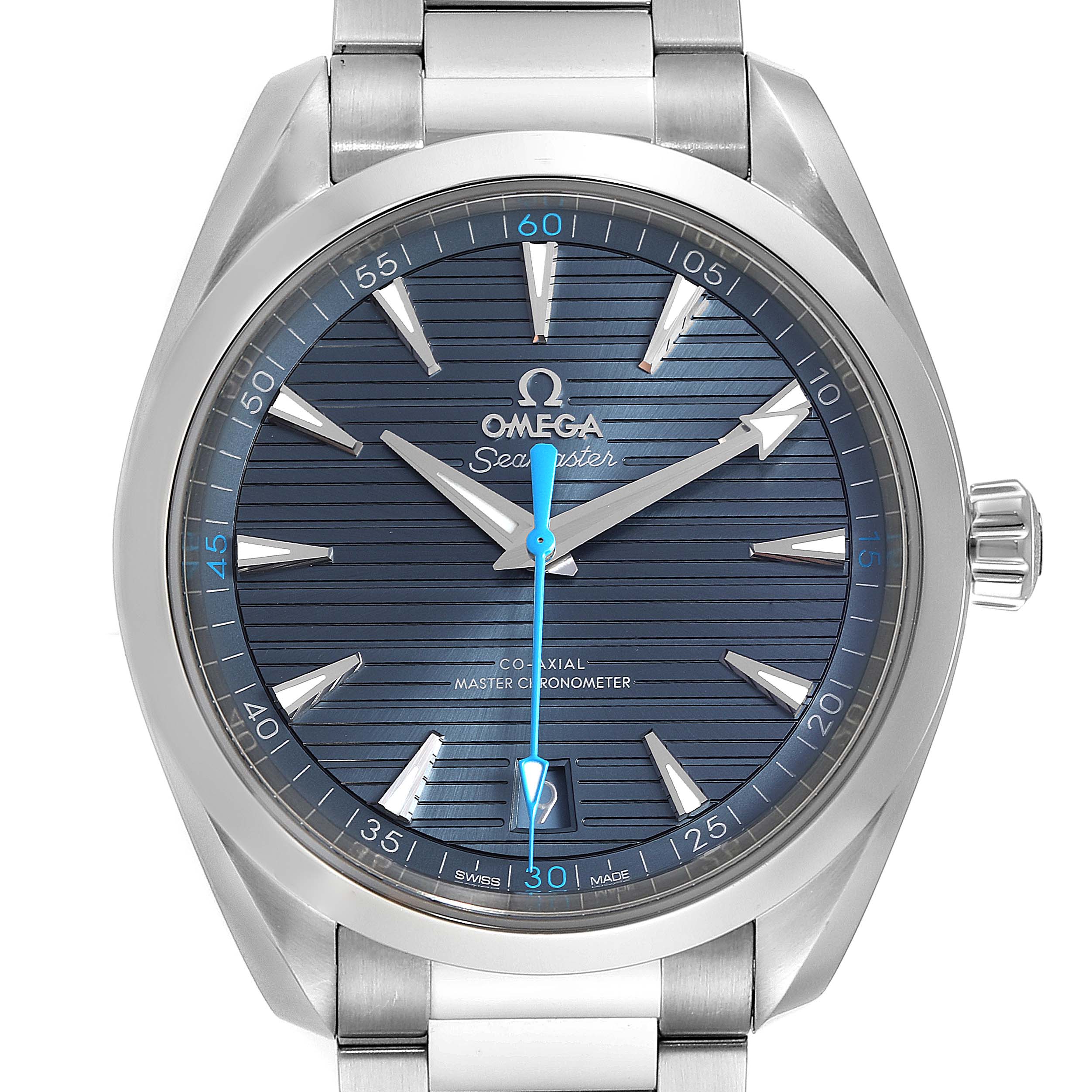 The image shows a front view of the Omega Aqua Terra 220.10.41.21.03.002 Men's Stainless Steel Blue Dial 220.10.41.21.03.002 Men's Stainless Steel Blue Dial watch, showcasing its dial, hour markers, hands, and part of its metal bracelet.