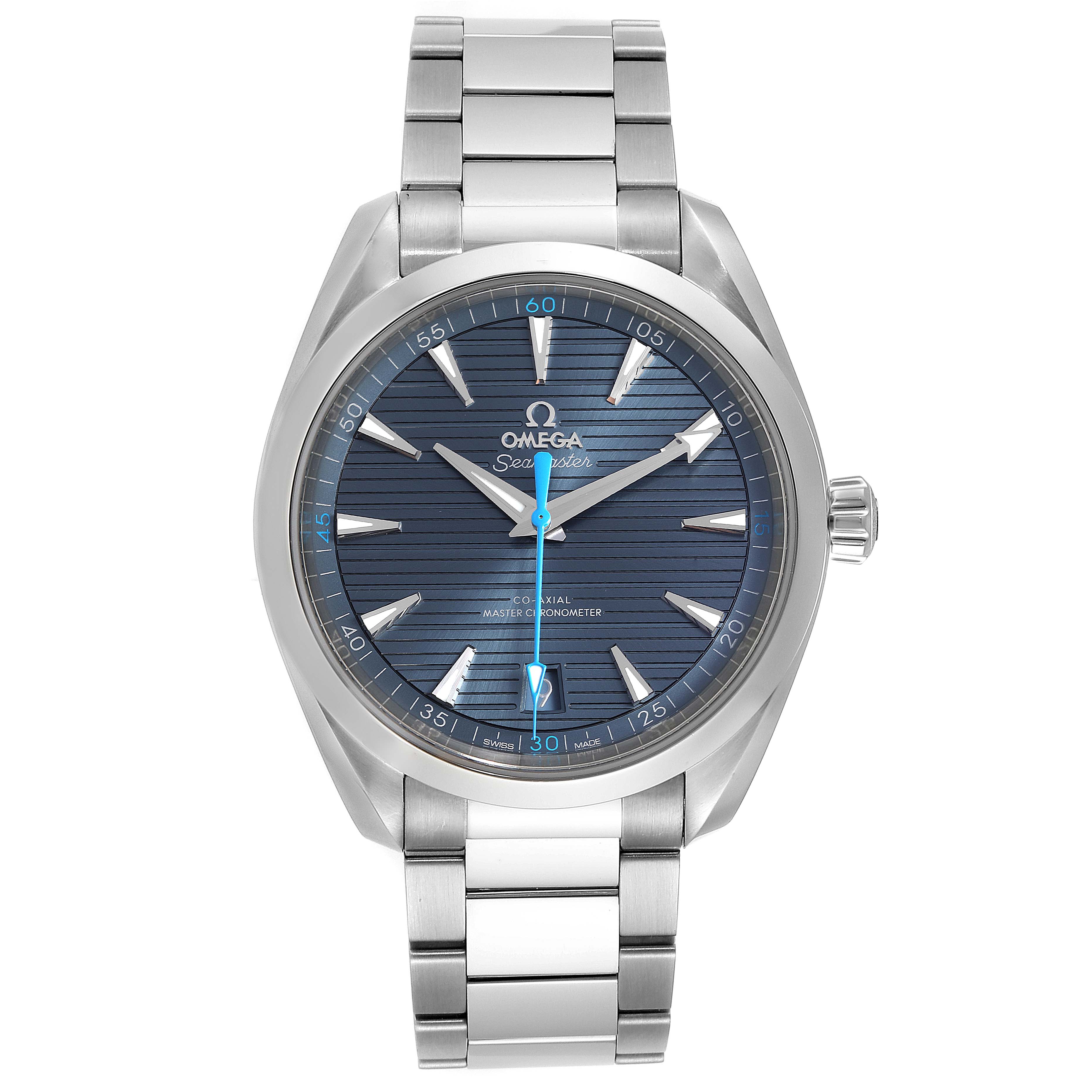 The Omega Aqua Terra 220.10.41.21.03.002 Men's Stainless Steel Blue Dial 220.10.41.21.03.002 Men's Stainless Steel Blue Dial watch is shown from a front angle, displaying its face, bezel, and stainless steel bracelet.