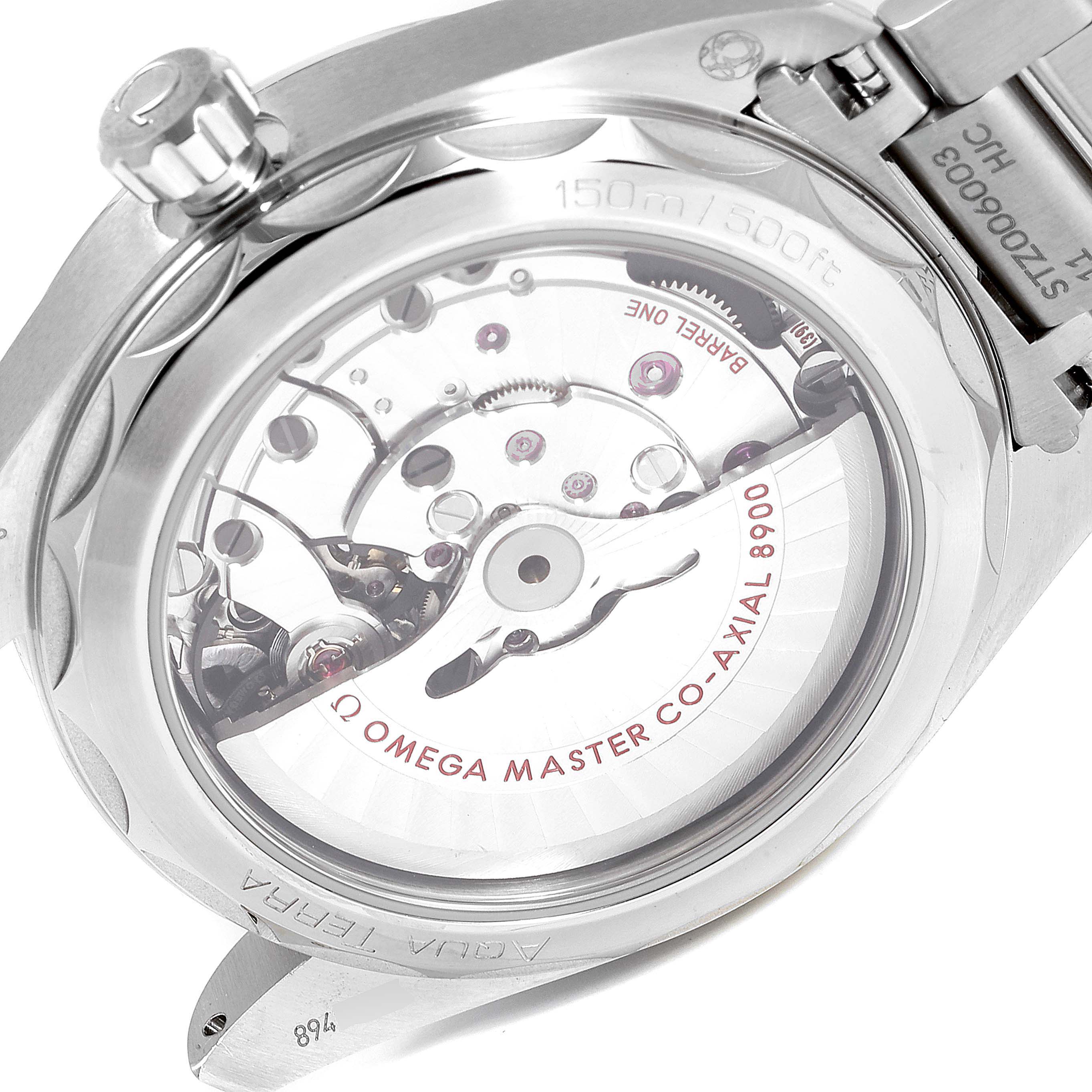 The image shows the back view of the Omega Aqua Terra 220.10.41.21.03.002 Men's Stainless Steel Blue Dial 220.10.41.21.03.002 Men's Stainless Steel Blue Dial watch, focusing on the movement and inner mechanism.