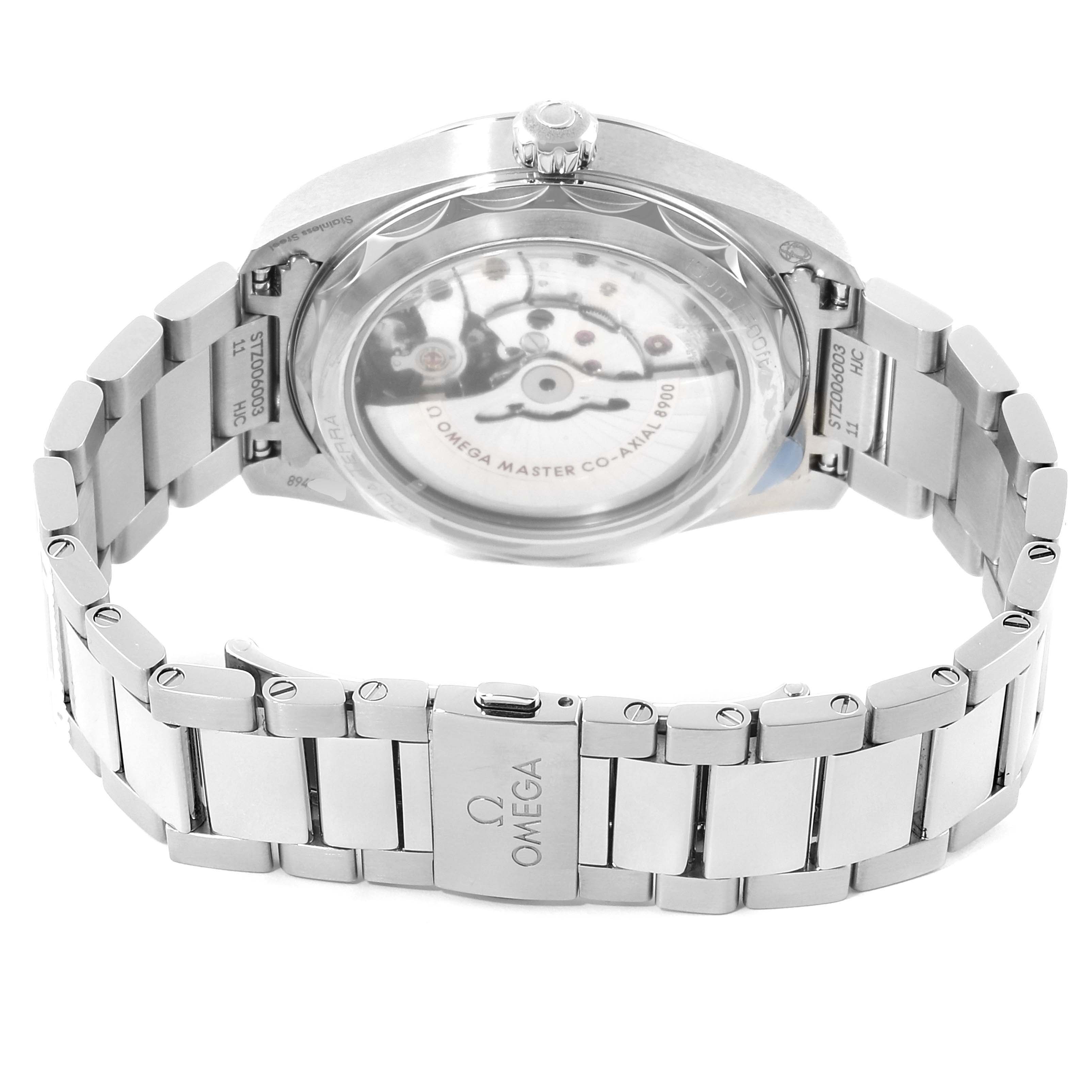 The image shows the back angle of an Omega Aqua Terra 220.10.41.21.03.002 Men's Stainless Steel Blue Dial 220.10.41.21.03.002 Men's Stainless Steel Blue Dial watch, highlighting its bracelet and see-through case back.