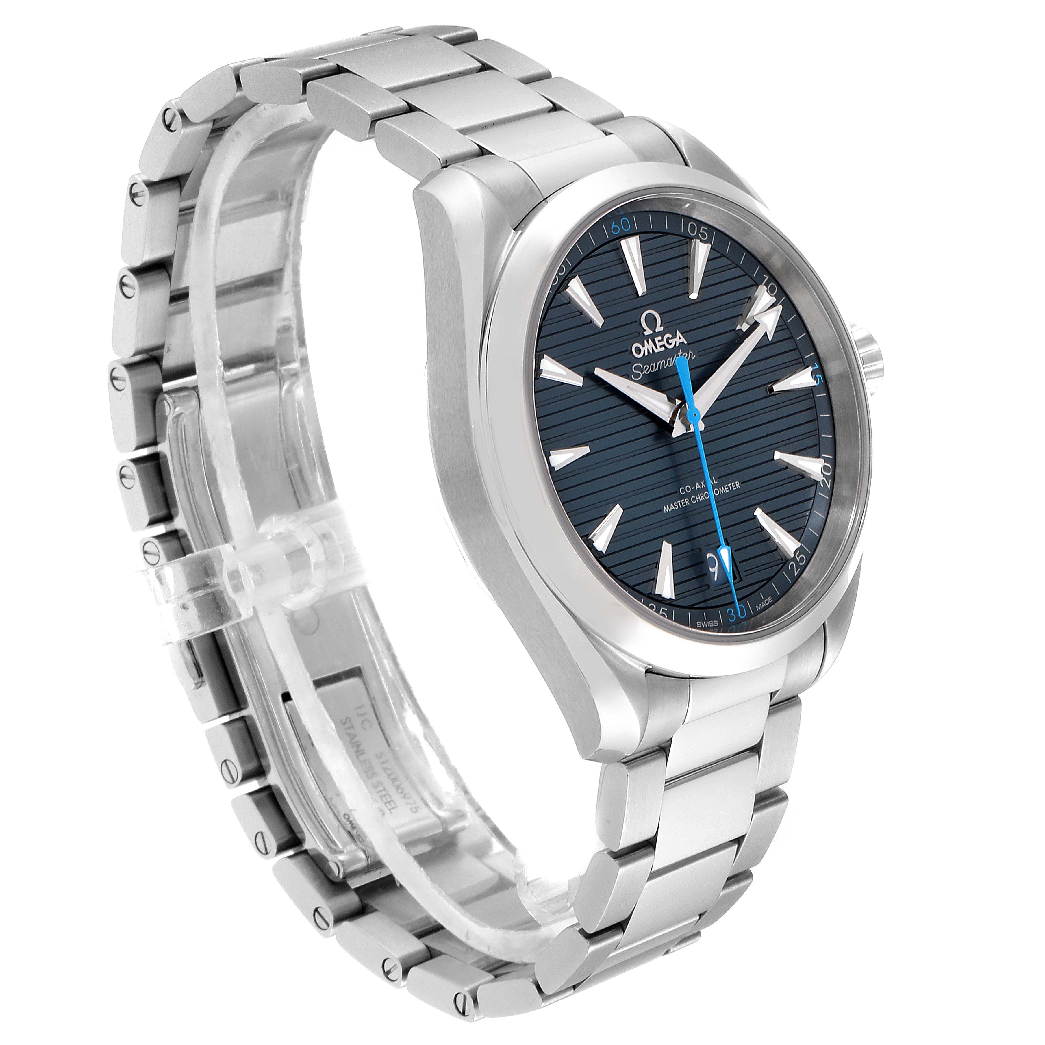 The Omega Aqua Terra 220.10.41.21.03.002 Men's Stainless Steel Blue Dial 220.10.41.21.03.002 Men's Stainless Steel Blue Dial watch is shown at a three-quarter angle, highlighting the face, bezel, and metal bracelet.